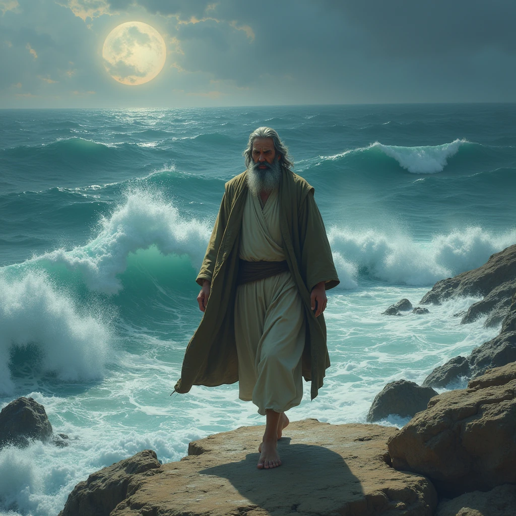 An elderly man of African ethnicity, white haired and white bearded, wearing a long white tunic, holding himself up on a silver-colored wooden staff, he levitates over the waters of the sea with his feet almost touching the waves, behind him a divine light escapes through his silhouette and in the background the sun and moon meet in an eclipse as the sun sets. 