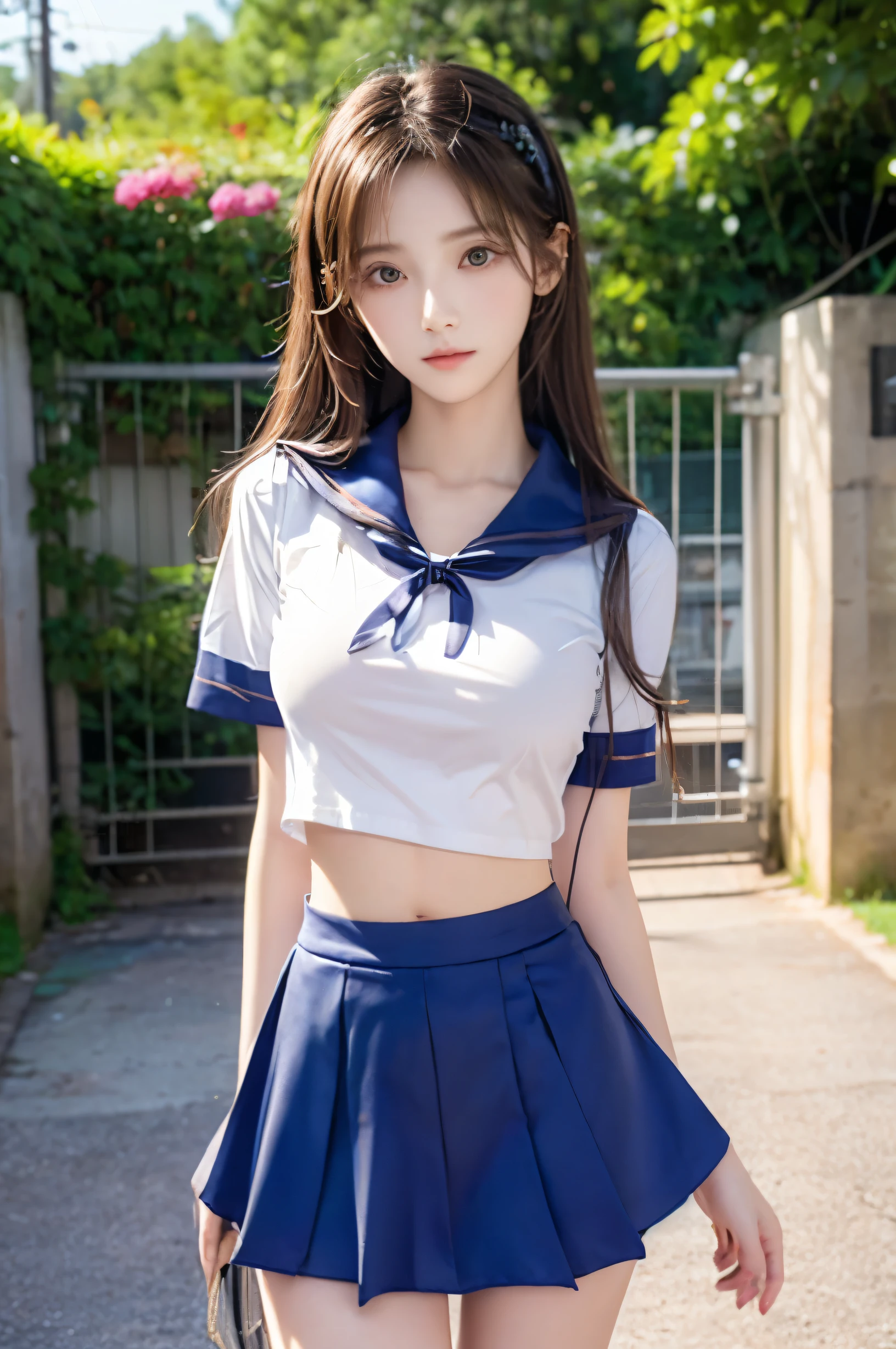 (Ultra HD), (Looking at me), (The whole body is shown), (Short-sleeved sailor uniform, Navy blue mini skirt), Big Breasts, Super beautiful breasts, Slender, (Thin legs:1.2), (Thin thighs:1.2), (Thin Hips:1.4), (Beautiful Skin, Shiny skin, White skin), (Super slim face, Super beautiful face, No makeup, Smile:0.6), (light brown, Long Hair, Layered Cut, Fluffy hair), (Big eyes:1.4, High corners of the eyes:1.4, double eyelids), (Thin eyebrows:0.2), (Small Nose:0.6), (Thin lips:0.6), Standing, In front of the school gate