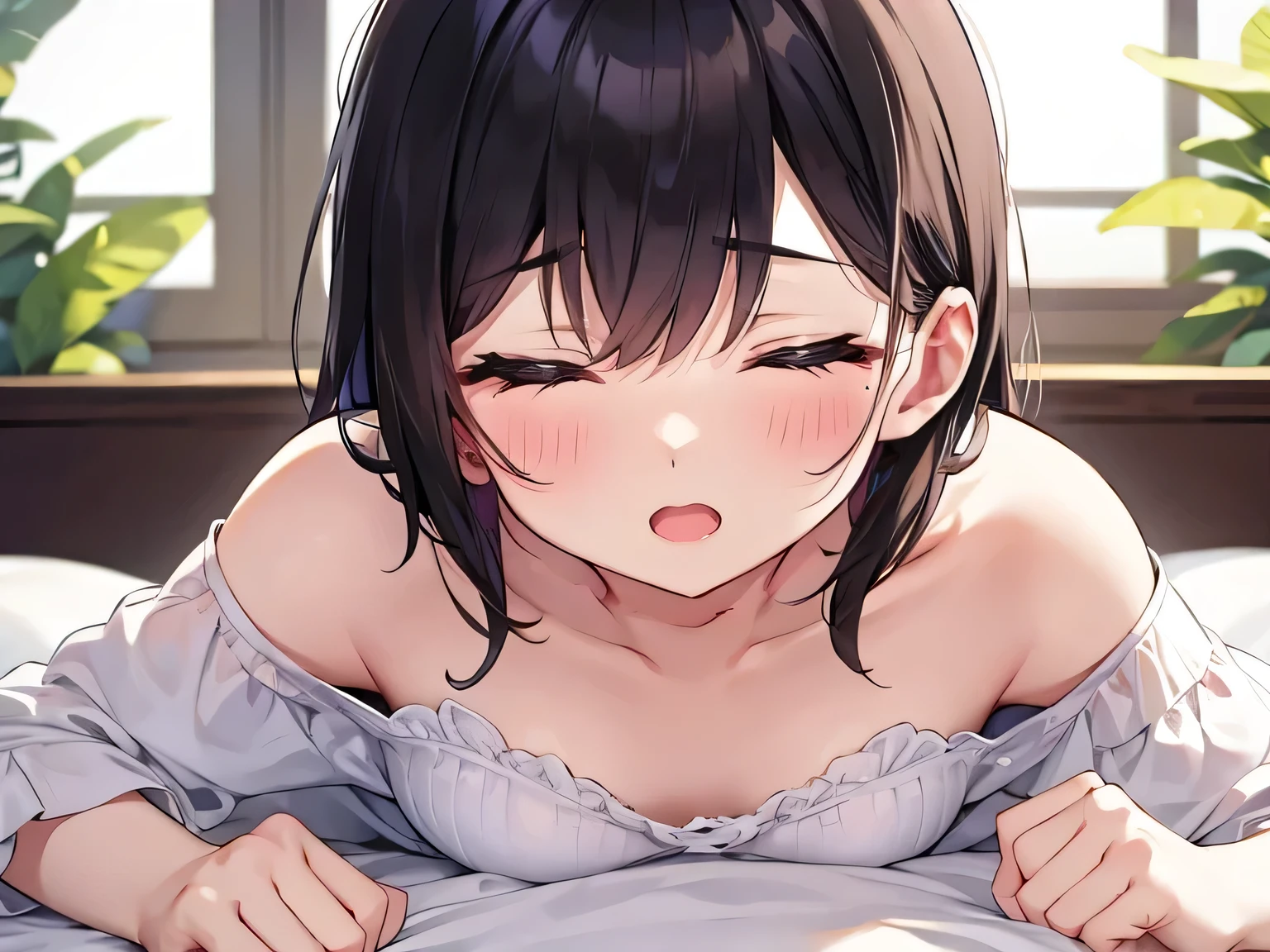 （（super high quality,））（（Ultra-high resolution,））（16K,）（super masterpiece,）（（Ultra HD ,））（Detailed shading,）（A seductive mother,）popped Tight collar White shirts,Naked shirt,Cleavage,Folded sleeves,（（Lower body naked,））Smile,blush,A small amount of drooling,Sweaty,Western-style room with morning sunshine,Lying in bed,（（（Rub your chest with your left hand:1.8,）））Spread your legs,（Open the private parts with your right hand,）Love juice gushes out,Full body photo,Shooting from above,