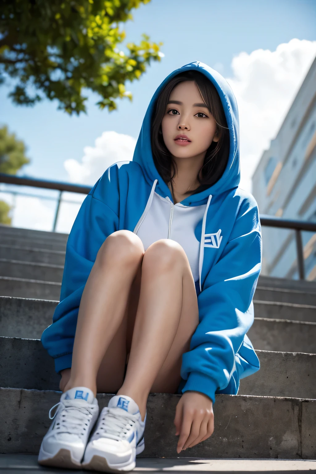 1 girl,blue sky空,blurred background,architecture,City,cloud,cloudy sky空,sky,depth of field,hood,hooded Jacket,hoodie,Jacket,side,orange hoodie,look up,shoe子靠近相机,from below,whole body,lips,long sleeve,looking at the audience,motion blur,outdoor,parted lips,railing,shoe,shorts,sitting,sky空,运动shoe,alone,stairs