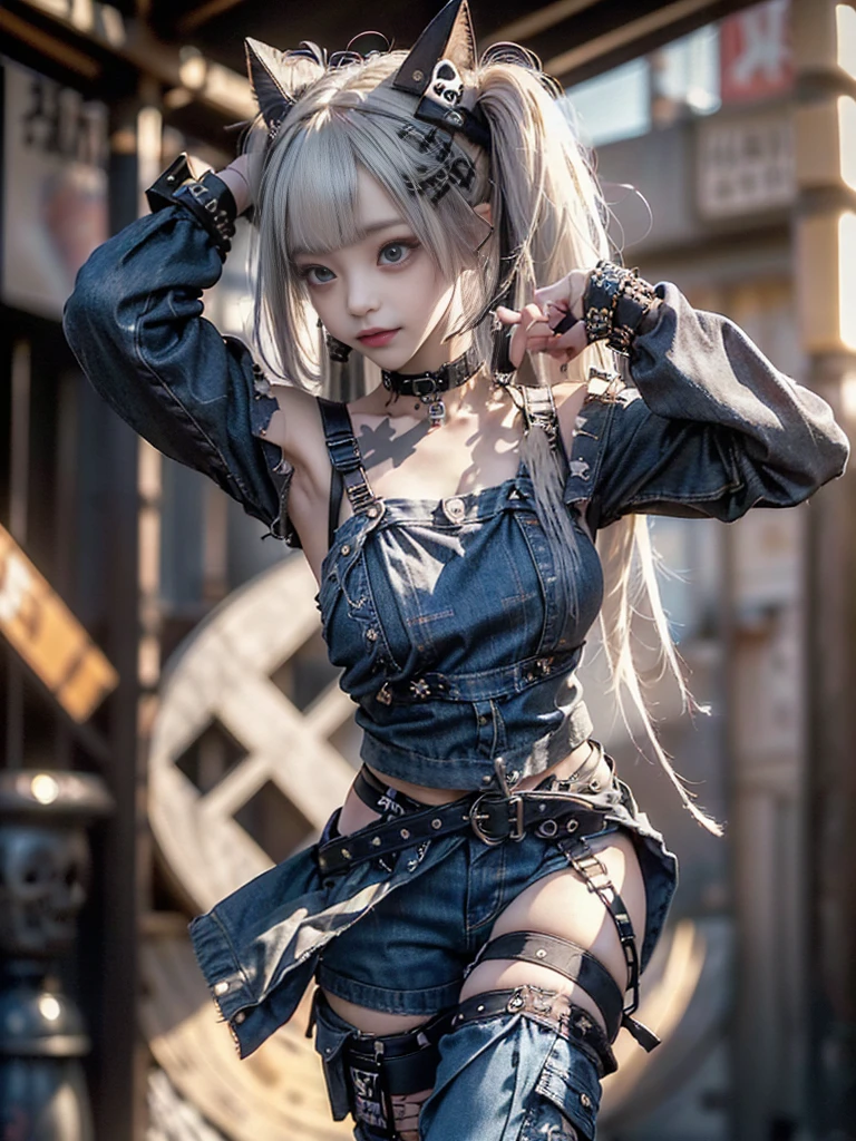 (Full body image:1.3)、(Beautiful lips and nose:1.4)、(Side view:1.1)、(Smiling with teeth showing:1.3),(Fashion Model:1.5)、(Gothic Lolita battle uniform with delicate decoration:1.5)、(White off-shoulder hoodie:1.5)、(black, Silver and white shorts:1.4)、(denim garter belt:1.5)、(black and denim knee socks:1.3)、(Skull Silver Accessories:1.5)、(Lace Color:1.3)、(Brown Skin Belt:1.4)、(Brown boots:1.2)、(Polka dots on underwear:1.4)、23 years old、((Highest quality、In 8K、masterpiece:1.3))、Sharp focus:1.2、(Layered Cut、Huge boobs:1.1),Beautiful woman with perfect figure:1.4、(Dance vigorously:1.3)、Slim Abs:1.2、Highly detailed face and skin texture、Detailed eyes、double eyelid,(Twin tails:1.3)、(Brownish golden hair:1.3)、Idol Sculpture、(The background is a gorgeous dance hall.:1.3)、(The body is slim:1.2),(Slimming your legs:1.4),(clavicle:1.1)