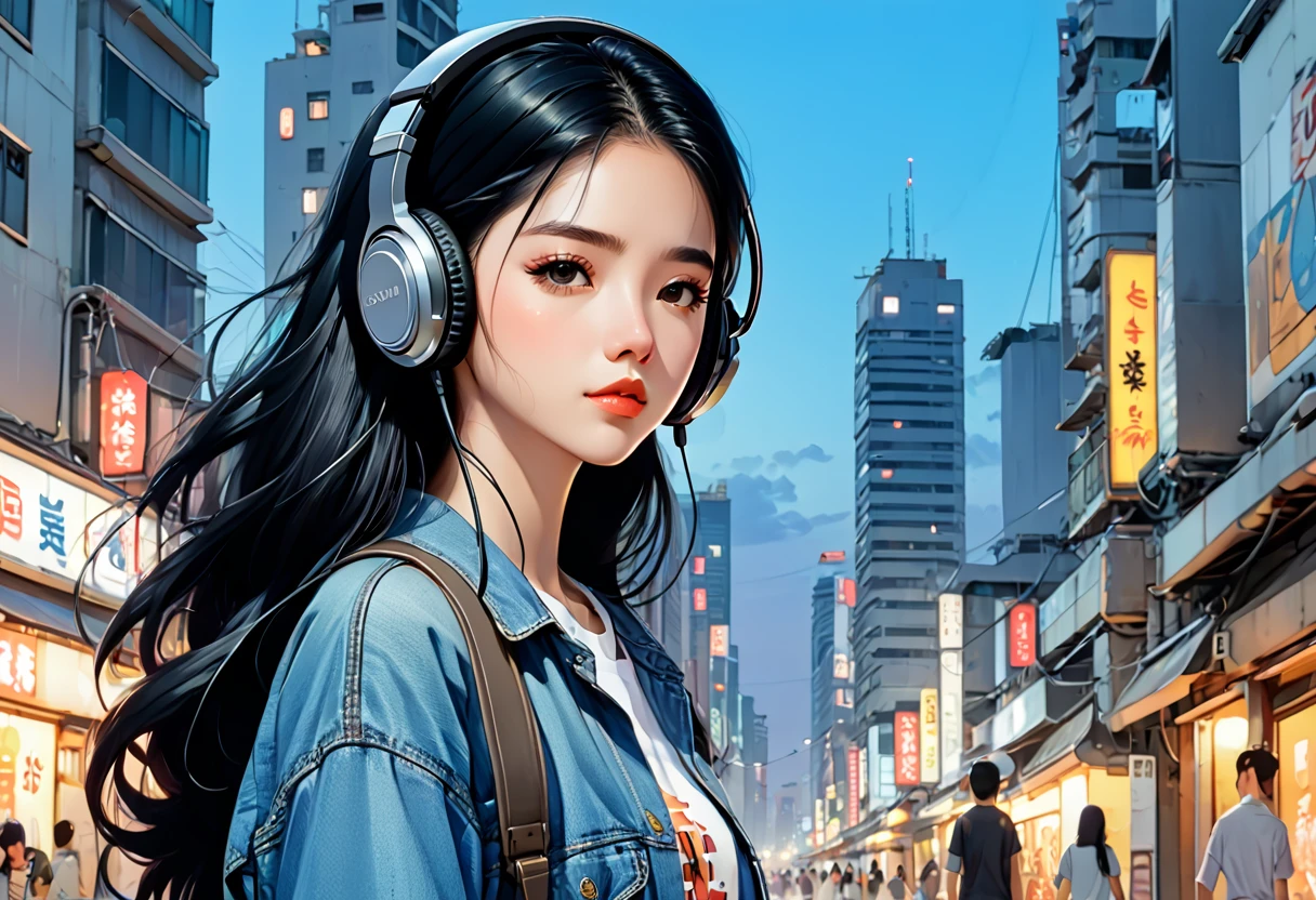 (((masterpiece, Highest quality)))、(((32K Wallpapers)))、score_9, score_8_up, 1girl, long black hair,　masterpiece, Highest quality, so beautiful、comics、anime、An illustration、One Girl、Wearing headphones and listening to music、Close ~ eyes、Chic and relaxed clothing、He is wearing a shirt and denim pants、The background is a city skyscraper、Nostalgic atmosphere in the evening