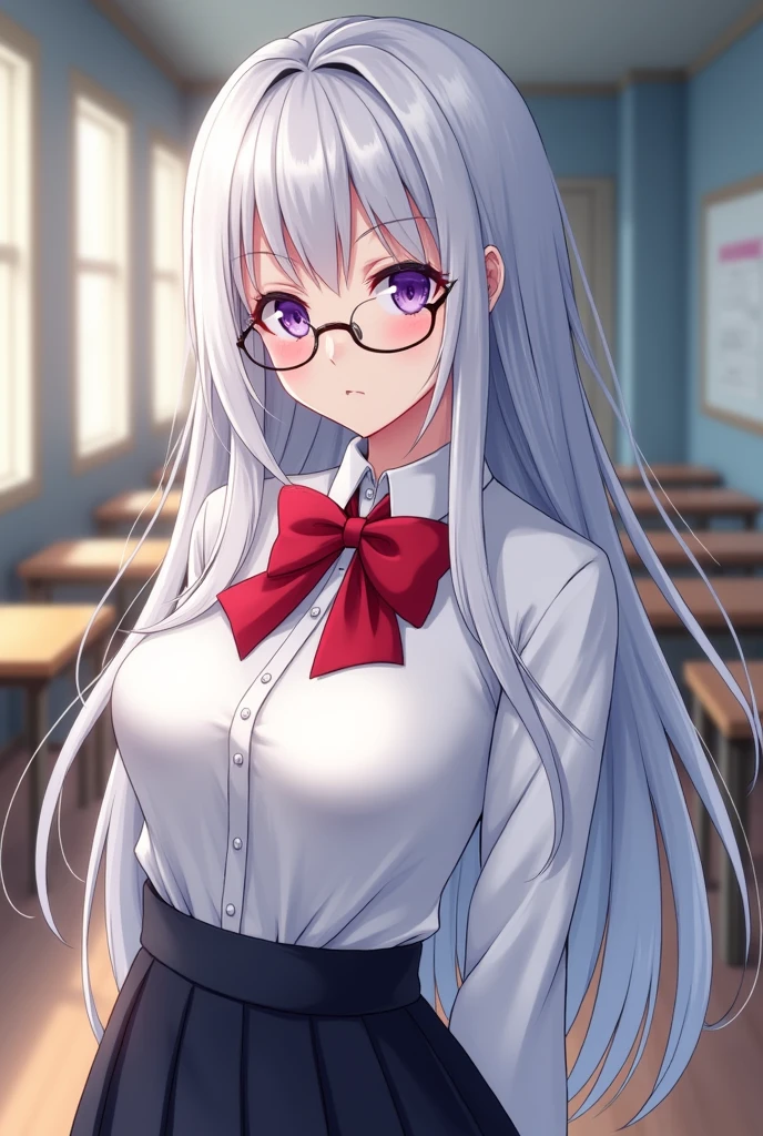 (NSFW), in classroom, daytime, 1girl, (school girl:1.2), silver hair, twin bun, red glasses, normal face, in heat, blush, heavy breath, large breasts, (bare breasts, undress), navel, skirt,