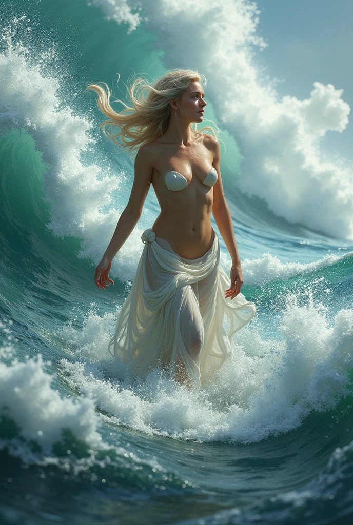 close view of full body nude young belgian woman, in erotic pose , hairy pubic , background ocean waves with foam, thunderclouds, lightnings