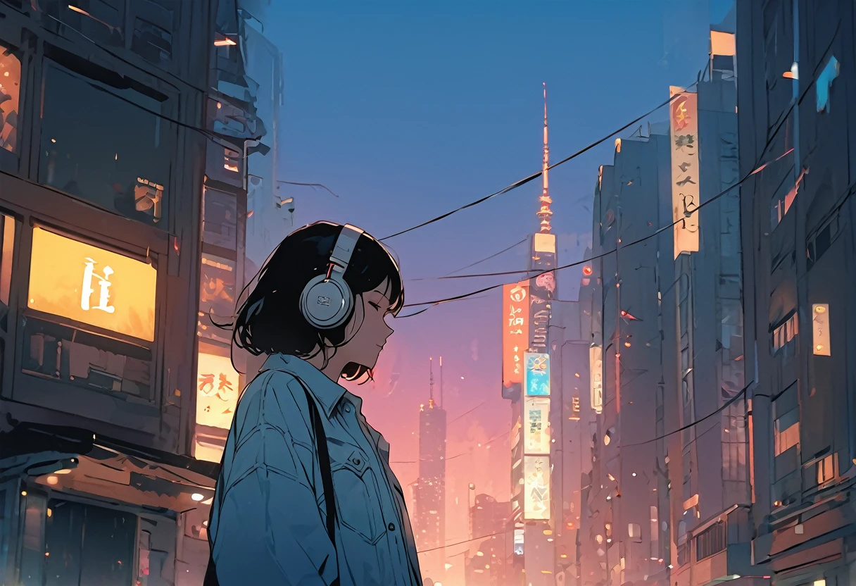 (((masterpiece, Highest quality)))、(((32K Wallpapers)))、score_9, score_8_up, 1girl, long black hair,　masterpiece, Highest quality, so beautiful、comics、anime、An illustration、One Girl、Wearing headphones and listening to music、Close ~ eyes、Chic and relaxed clothing、He is wearing a shirt and denim pants、The background is a city skyscraper、Nostalgic atmosphere in the evening