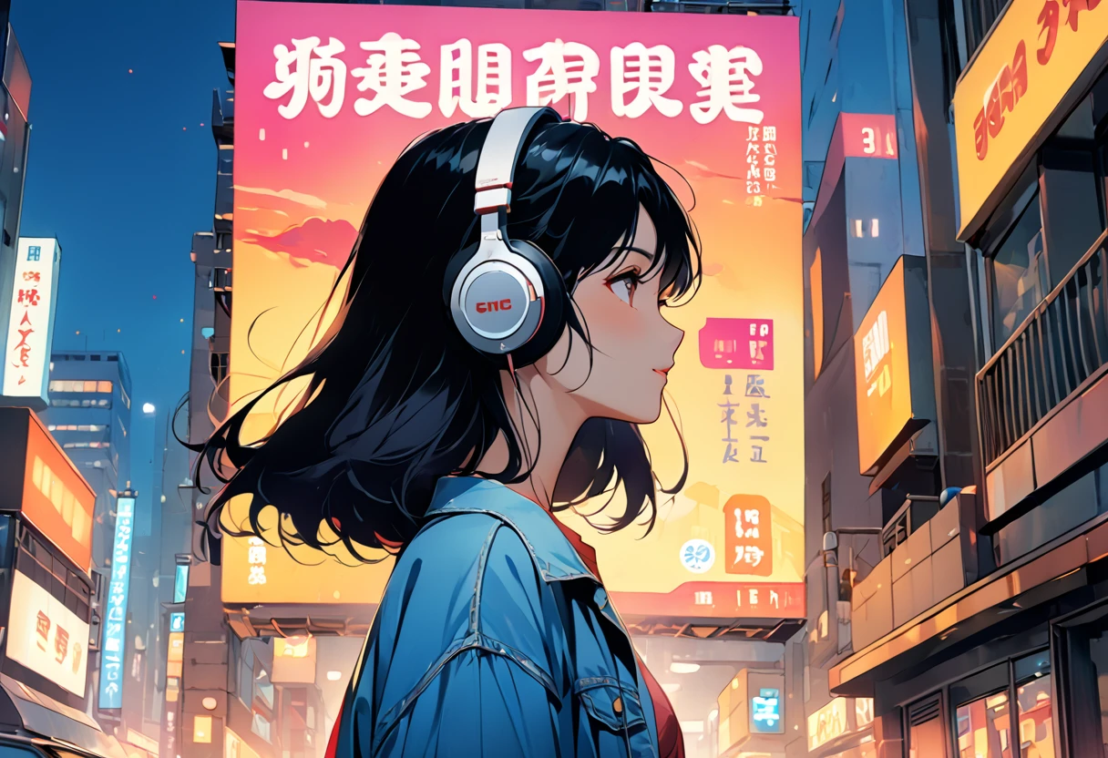 (((masterpiece, Highest quality)))、(((32K Wallpapers)))、score_9, score_8_up, 1girl, long black hair,　masterpiece, Highest quality, so beautiful、comics、anime、An illustration、One Girl、Wearing headphones and listening to music、Close ~ eyes、Chic and relaxed clothing、He is wearing a shirt and denim pants、The background is a city skyscraper、Nostalgic atmosphere in the evening