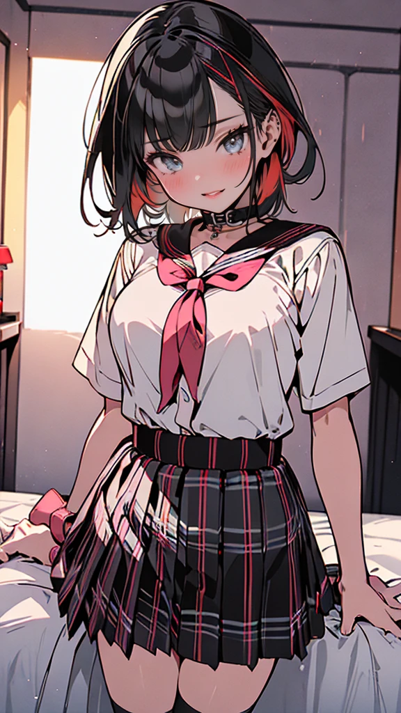 beautiful girl, sixteen years, erotic, slender, short black hair, red eyes, school shirt, ribbon, skirt, love hotel room, ahegao