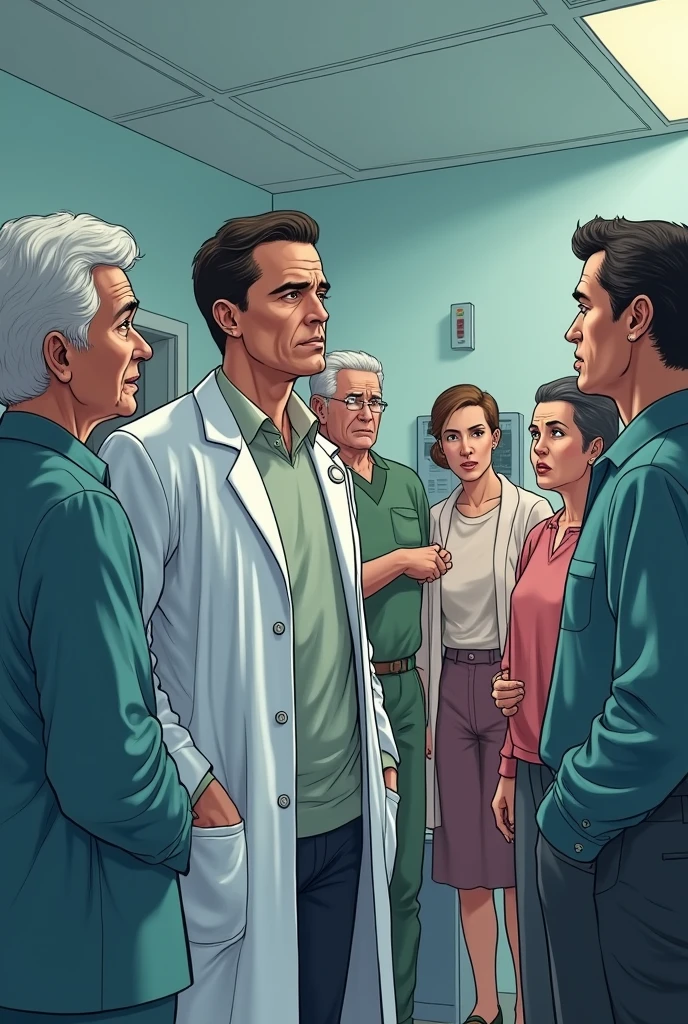 Panel Description: Doc Sheddon inserts a pencil into the wound, adjusting the angle to show the bullet’s trajectory.
Pose: Doc Sheddon carefully angles the pencil inside the wound while Harry, Kate, and Lonnie watch.