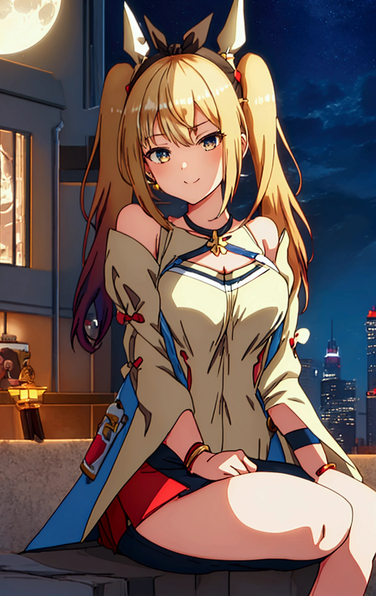 (masterpiece, Highest quality;1.3), Very detailed ,Super detailed,  One girl,alone,  Twin tails,  Large Breasts, Wicked Smile, Gundam(rx78), Science fiction, Mecha, , [Blue Hair, alone, Hair accessories, Long Hair, Twin tails, Blonde Eyes, jewelry, Earrings, Make eye contact,Shinjuku cityscape background,night, Numerous neon signs, Moon base, Detailed dress, Ultra-short miniskirt,  From below, Sitting,, Bust Shot, {{He ripped the face off of another girl and took her face.}}