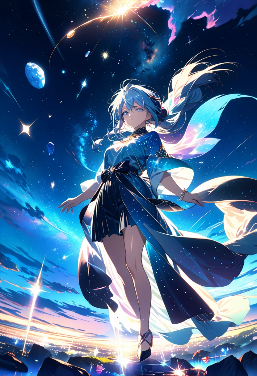 anime((Highest quality, High resolution, Very detailed))Beautiful adult woman、meteor、星にWishを、Low - Angle、A fantastic and magnificent night sky、gem、shine、dream、Wish、wallpaper 8k