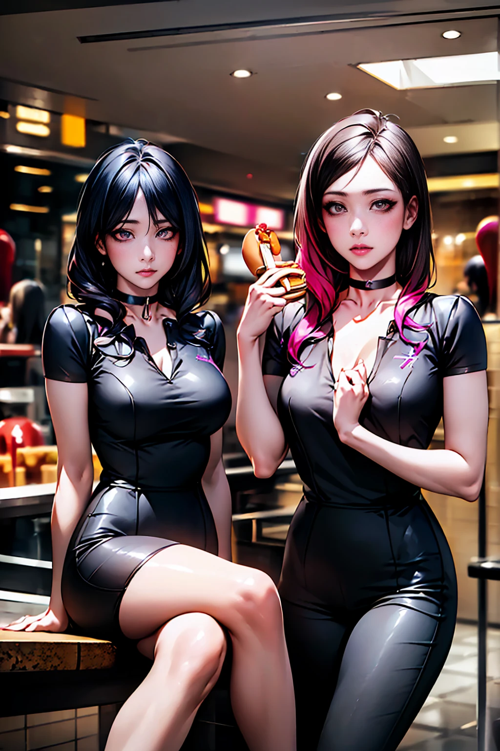 (masterpiece:1.2, Highest quality, 8k, Advanced Details), (Realistic, photoRealistic:1.4), Beautiful illustrations, 
Looking towards the audience, whole body, Front view:0.6, 
((Five Girls:1.9)), ((Mr...々Hair color and hairstyle:1.5)), Hair fluttering, bangs,  ((Medium-sized chest, Tight waist, Big Ass)) 
Beautiful Hair, Beautiful Face, Beautiful and detailed, (Crimson Eyes:1.7, Shining Eyes:1.5), Beautiful clavicle, Beautiful body, Beautiful breasts, [Beautiful thighs, Beautiful legs, Beautiful fingers, Perfect Anatomy:1.3, Perfect Anatomy, Perfect Anatomy, Big Breasts
((Place your left hand on your chest, Spread your legs:1.3)), 
(Watch viewers with a blushing face:1.3) 
((Fast Food Costume:1.7, Choker:1.6)), ((NFSW:1.3))