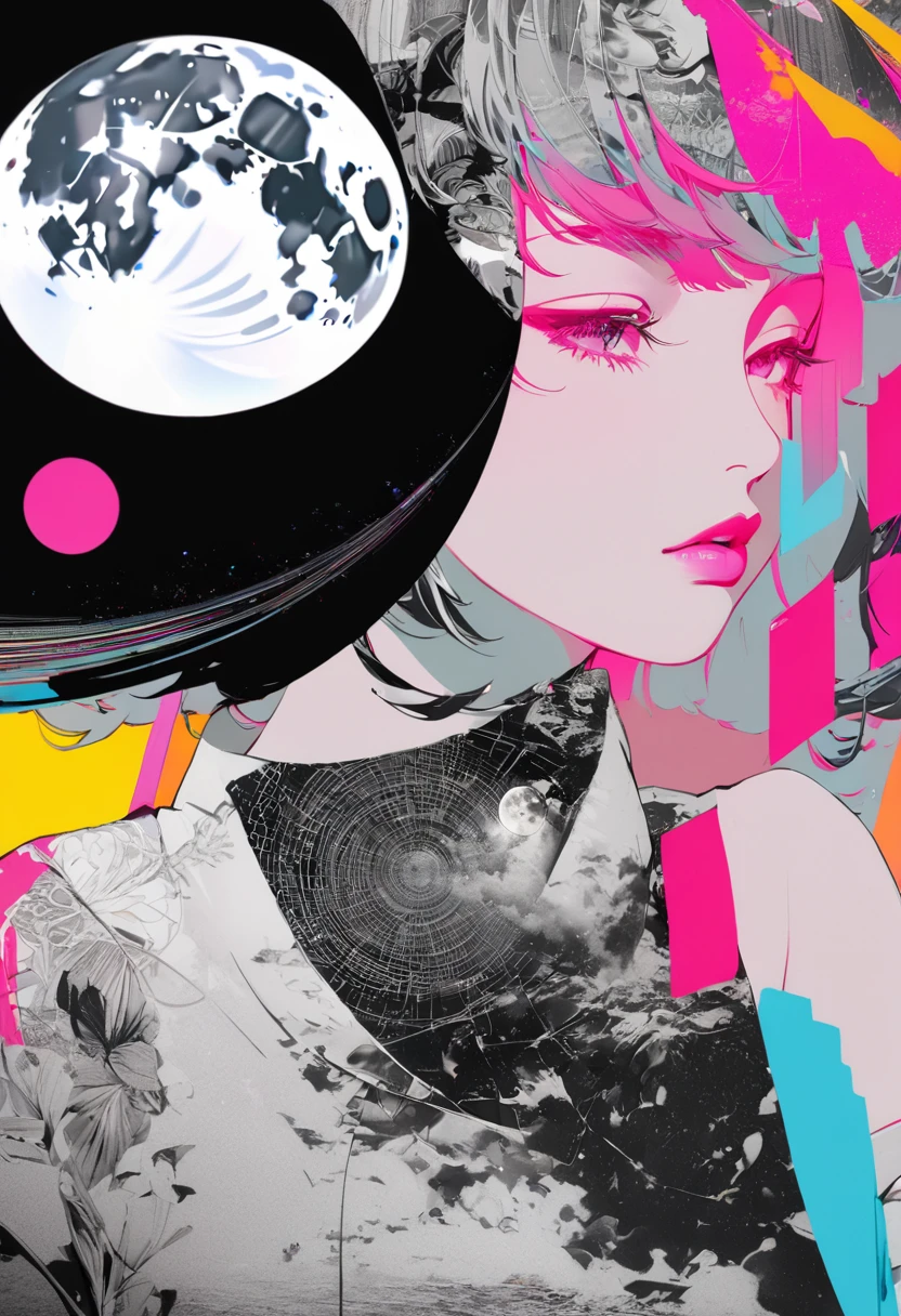 (masterpiece, best quality),(multiple exposure moon-surface: 1.2),
print collage depicting,she is Mondenkind,background is fullmoon,splash color, collage art, contemporary artistic collage,