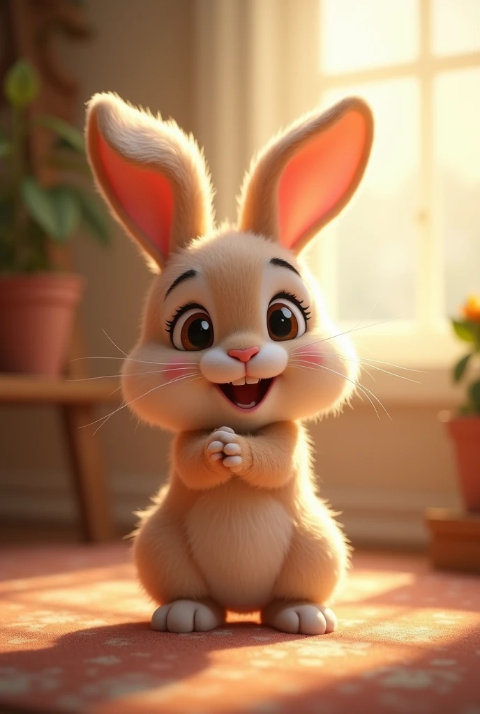 a cute rabbit waving and smiling at the viewer, unreal engine, warm indoor lighting, highly detailed digital painting, cinematic, character design by Mark Redden and Pixar and Hayao Miyazaki, unreal 5, daz, surrealism, octane rendering, 3dmdt1