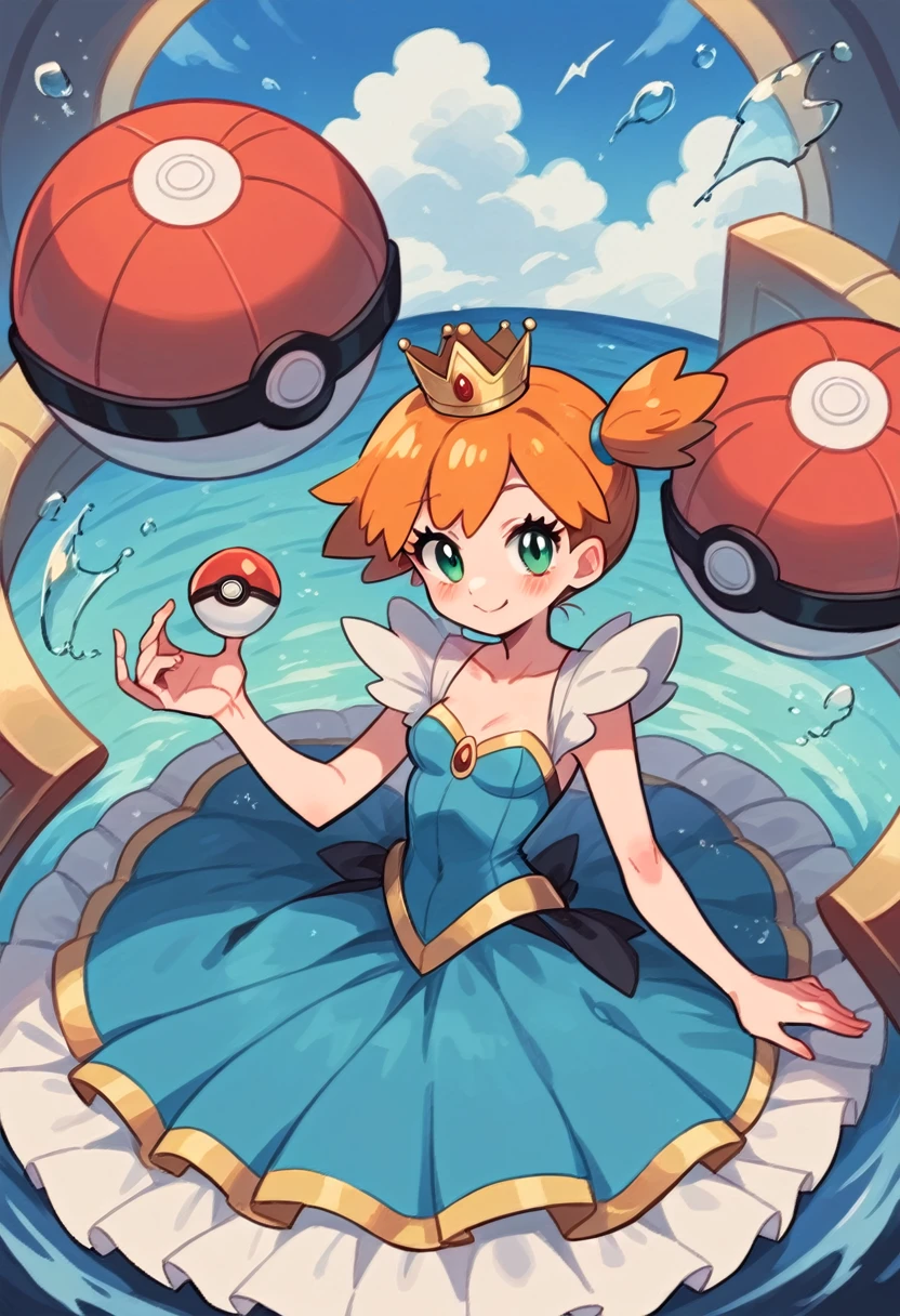 Misty_pokemon , Berry Short,Orange Hair ,Big green eyes,Small breasts,Skinny . Queen of the ocean ,water effect , beautiful outfit, crown , throne , bubble , power , cute, coquet , beautiful woman, blush , sweet smile, blue PokeBall 