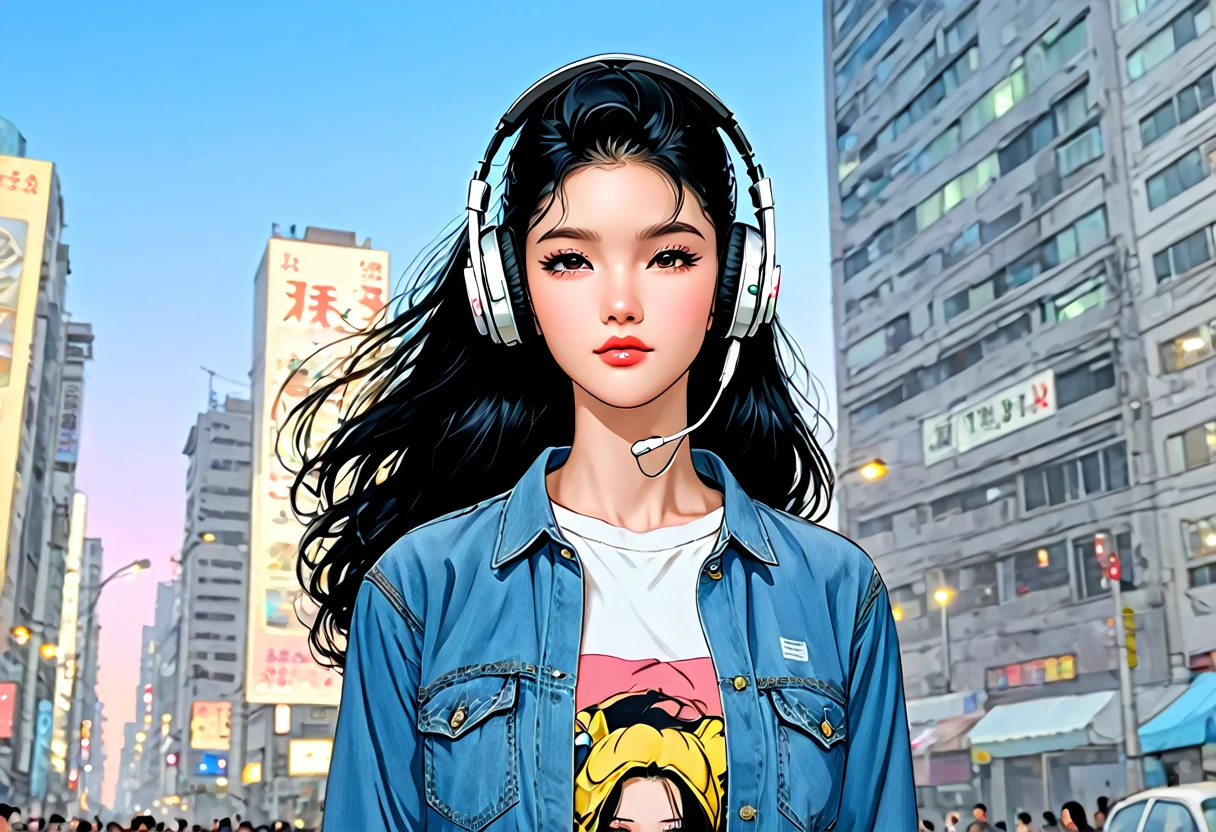 (((masterpiece, Highest quality)))、(((32K Wallpapers)))、score_9, score_8_up, 1girl, long black hair,　masterpiece, Highest quality, so beautiful、comics、anime、An illustration、One Girl、Wearing headphones and listening to music、Close ~ eyes、Chic and relaxed clothing、He is wearing a shirt and denim pants、The background is a city skyscraper、Nostalgic atmosphere in the evening