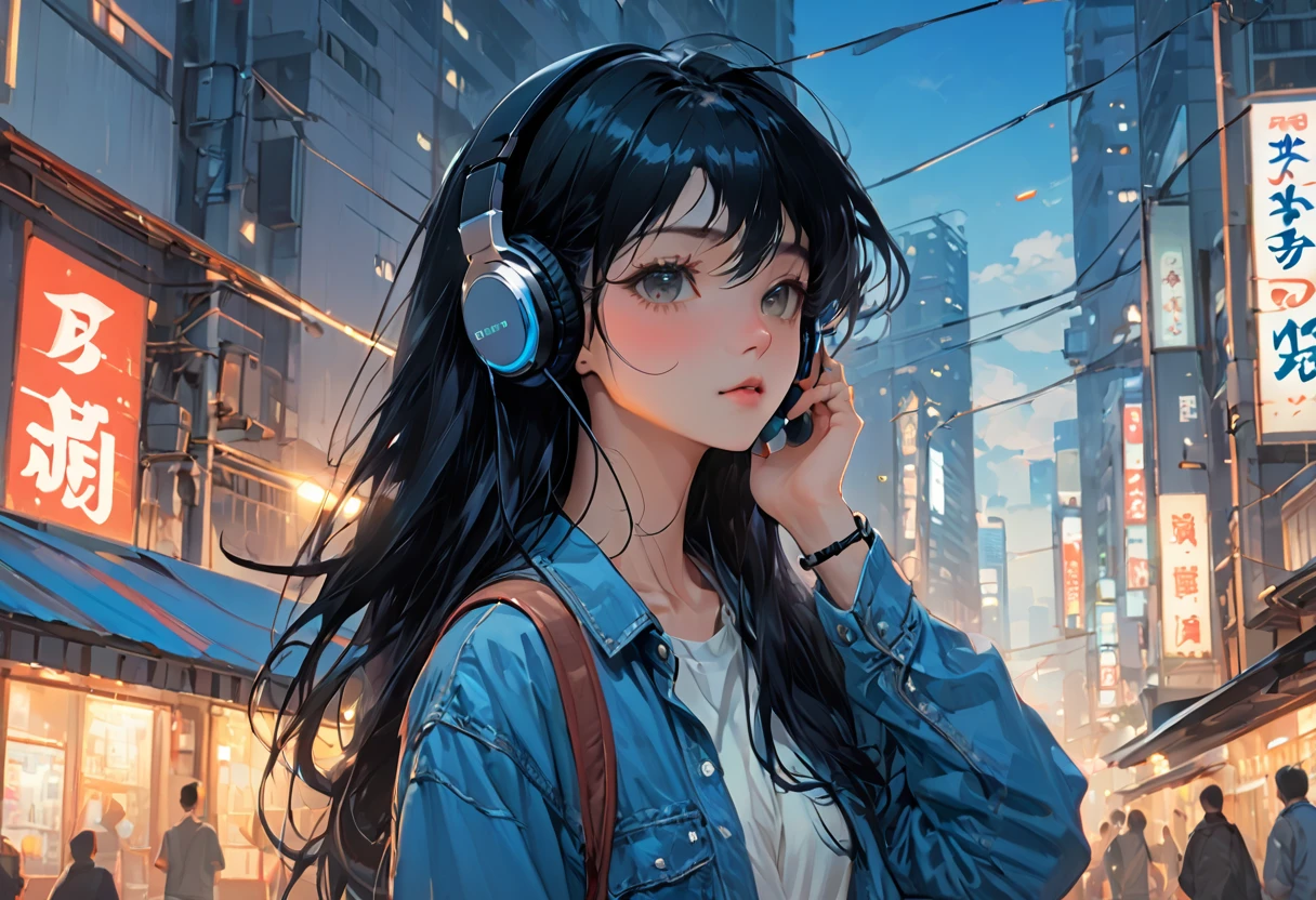 (((masterpiece, Highest quality)))、(((32K Wallpapers)))、score_9, score_8_up, 1girl, long black hair,　masterpiece, Highest quality, so beautiful、comics、anime、An illustration、One Girl、Wearing headphones and listening to music、Close ~ eyes、Chic and relaxed clothing、He is wearing a shirt and denim pants、The background is a city skyscraper、Nostalgic atmosphere in the evening