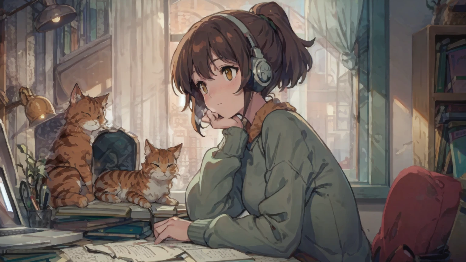  An anime-style illustration of a young woman studying at a vintage wooden desk in a cozy, softly lit study room. She has shoulder-length, slightly wavy dark brown hair tied in a relaxed low ponytail, wearing stylish, retro grey headphones with "SWS" text visible on the earcups. Her expression is calm, mature, and focused as she types on a modern laptop with a warm glow on the screen. The desk is cluttered with stacked, slightly worn books, scattered papers, a steaming cup of tea, and a retro green desk lamp that casts a soft, warm glow and elongated shadows. Beside her, a relaxed orange cat sits comfortably on a pile of blankets, gazing lazily. The background shows tall, well-stocked bookshelves with a mix of colorful and muted tones, along with a large window with sheer curtains that allow diffused afternoon sunlight to filter in. The entire scene has a grainy, slightly blurred texture with soft edges, evoking a nostalgic and calming atmosphere typical of the lo-fi aesthetic, with a more mature character design.