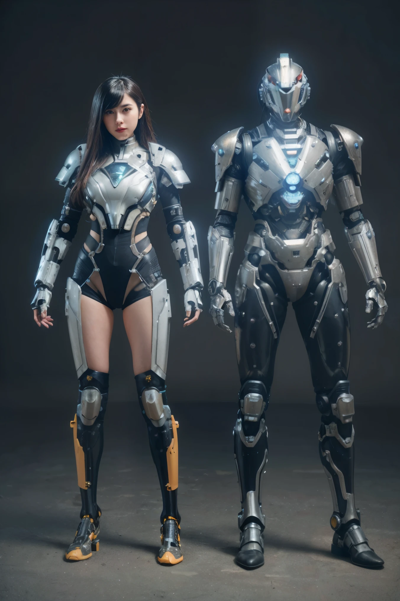 1 girl, alone, Wearing a mechanical suit, Mechanical wonders, cyberpunk, Cybernetics Guardians, Armor of the future, full body, front pose, symmetrical, complicated (Metal Iron [rust]), joint, Warframe Style, Cyborg, Male body and armor, Chainsaw Man 