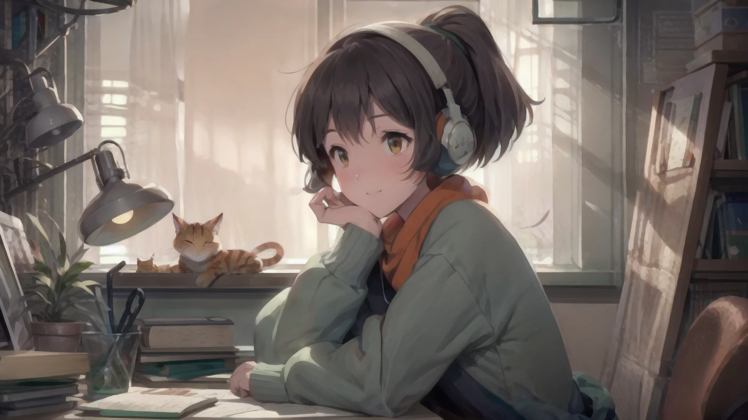 An anime-style illustration of a young woman studying at a vintage wooden desk in a cozy, softly lit study room. She has shoulder-length, slightly wavy dark brown hair tied in a relaxed low ponytail, wearing stylish, retro grey headphones with "SWS" text visible on the earcups. Her expression is calm, mature, and focused as she types on a modern laptop with a warm glow on the screen. The desk is cluttered with stacked, slightly worn books, scattered papers, a steaming cup of tea, and a retro green desk lamp that casts a soft, warm glow and elongated shadows. Beside her, a relaxed orange cat sits comfortably on a pile of blankets, gazing lazily. The background shows tall, well-stocked bookshelves with a mix of colorful and muted tones, along with a large window with sheer curtains that allow diffused afternoon sunlight to filter in. The entire scene has a grainy, slightly blurred texture with soft edges, evoking a nostalgic and calming atmosphere typical of the lo-fi aesthetic, with a more mature character design.