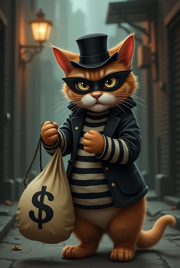 Create an image of a cat disguised as a traditional robber. The cat should be dressed in a black and white striped shirt, a black mask over its eyes, and a small black hat. It should be holding a bag marked with a dollar sign, with a cheeky grin on its face. The background should be an urban alleyway or a shadowy street to give it a classic 'robber' atmosphere