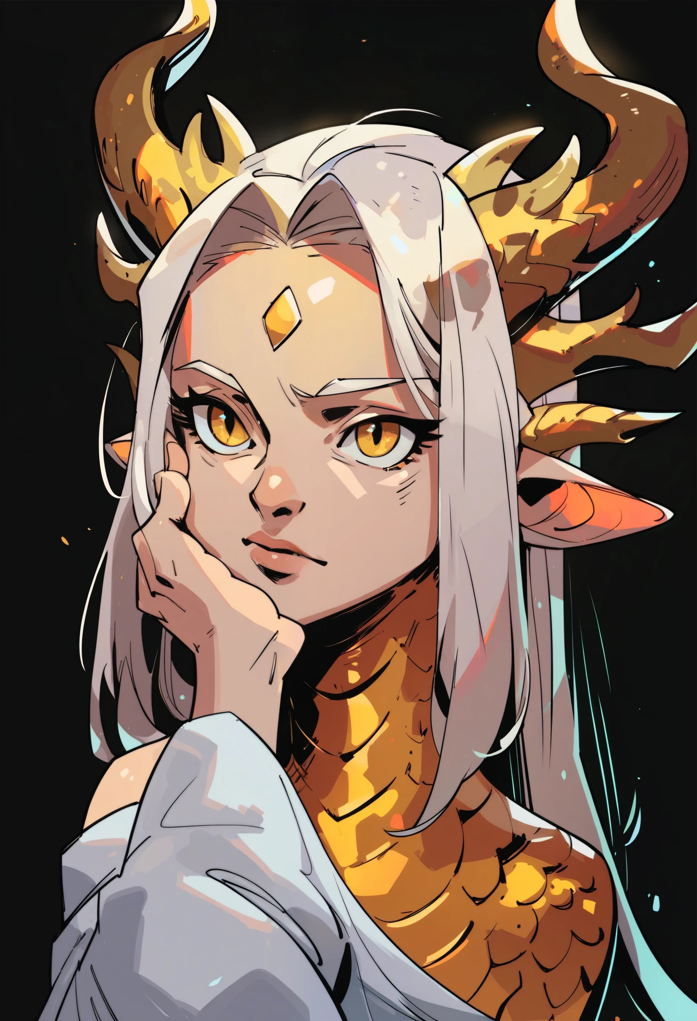 score_9, score_8_up, score_7_up, score_6_up, score_5_up, score_4_up, hds style, cel shading, linear hatching, 1girl, solo, long hair, white hair, parted bangs, short bangs, forehead, yellow eyes, dragon girl, golden dragon horns, dragon tail, white dragon tail, pointy ears, golden scales on cheek, wearing a white shirt, oversized shirt, bare shoulder, bottomless, arms on sides, upper body, black background, simple background, masterpiece, best quality, score_9, score_8_up, score_7_up, score_6_up