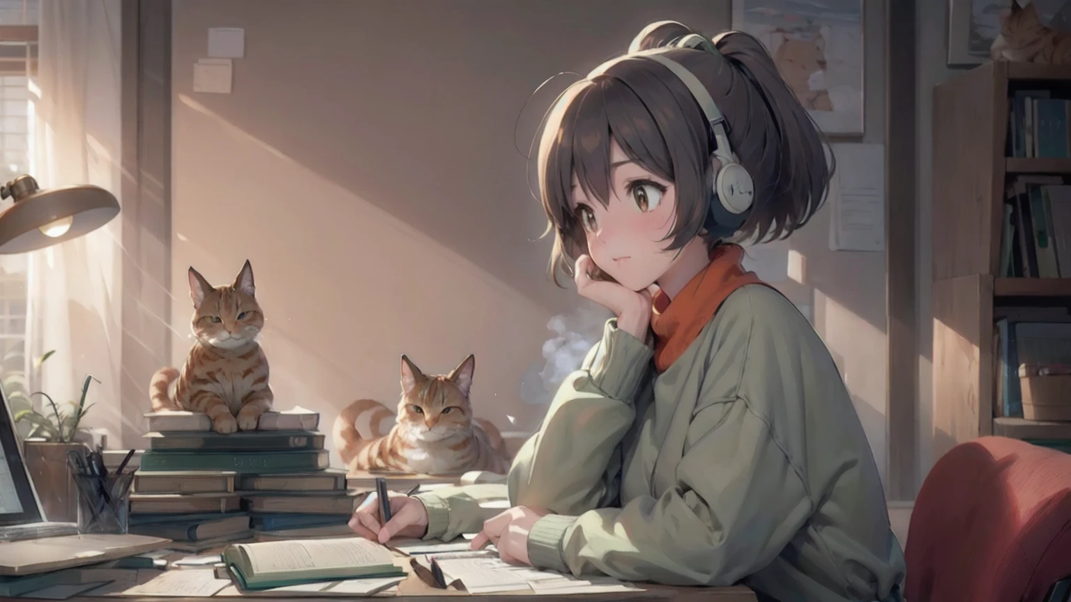 An anime-style illustration of a young woman studying at a vintage wooden desk in a cozy, softly lit study room. She has shoulder-length, slightly wavy dark brown hair tied in a relaxed low ponytail, wearing stylish, retro grey headphones with "SWS" text visible on the earcups. Her expression is calm, mature, and focused as she types on a modern laptop with a warm glow on the screen. The desk is cluttered with stacked, slightly worn books, scattered papers, a steaming cup of tea, and a retro green desk lamp that casts a soft, warm glow and elongated shadows. Beside her, a relaxed orange cat sits comfortably on a pile of blankets, gazing lazily. The background shows tall, well-stocked bookshelves with a mix of colorful and muted tones, along with a large window with sheer curtains that allow diffused afternoon sunlight to filter in. The entire scene has a grainy, slightly blurred texture with soft edges, evoking a nostalgic and calming atmosphere typical of the lo-fi aesthetic, with a more mature character design.