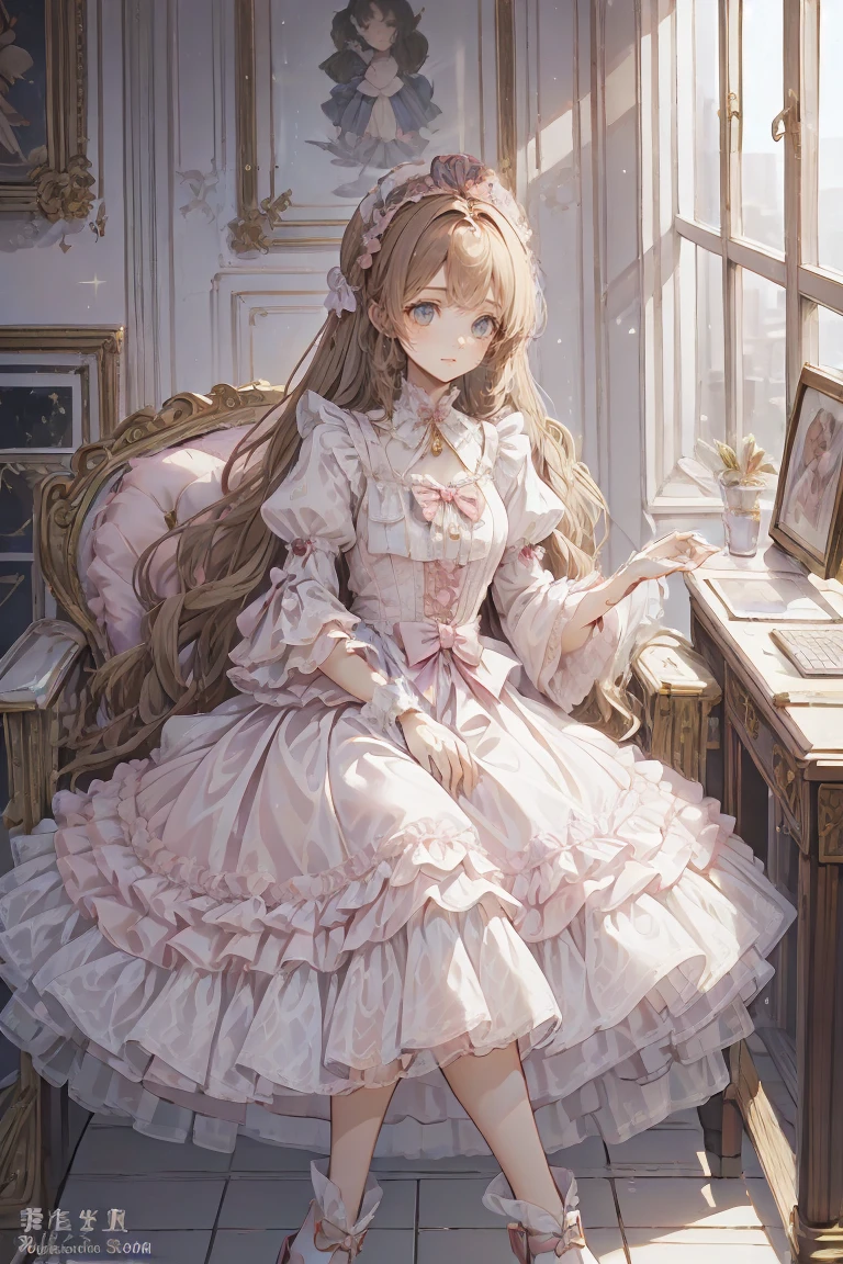 (Highest quality,4K,High resolution,masterpiece:1.2),Very detailed,Realistic:1.37,,(whole body, I can see your feet and shoes: 1.2),、((Pink Dress)), Hyperrealistic photo of a girl in a majestic light pink and gold ball gown dress, Big beautiful dress, Lots of frills and rhinestones、Intricately voluminous ball gown (Highest quality, Tabletop, Art Station, Fantasy art:1.2), 美しいcute***, (Long blonde curly hair:1.1), (Intricate short gold skirt, whole bodyショット)、Anime Style、Storytelling、、Beautiful girl、とてもcute天使、Pink Gothic Dress、cute、Baby Face、smile、Long Skirt、,Black long boots、Highest quality, masterpiece, 最High resolution, artwork, super それにGet used to it, many Get used to it, Get used to it, それにGet used to it, woman, ,((Pink Victorian Voluminous Ball Gown Dress)),Long dress,A dress with lots of frills and ribbons..Wearing a tiara on her head,luxury,One person, Pink brown hair,Pink Eyes、Pink World,(A girl wearing a pink princess skirt),Pink Hair,pink bedroom layout,Pink Bed,Pink mosquito net,Pink furniture,Pink color palette,(zenTangle, Mandala, Tangle, enTangle:0.6),(Making Art),The most beautiful chaotic shapes,Beast Design,behind,Pink High Heels,Perfect hands,
