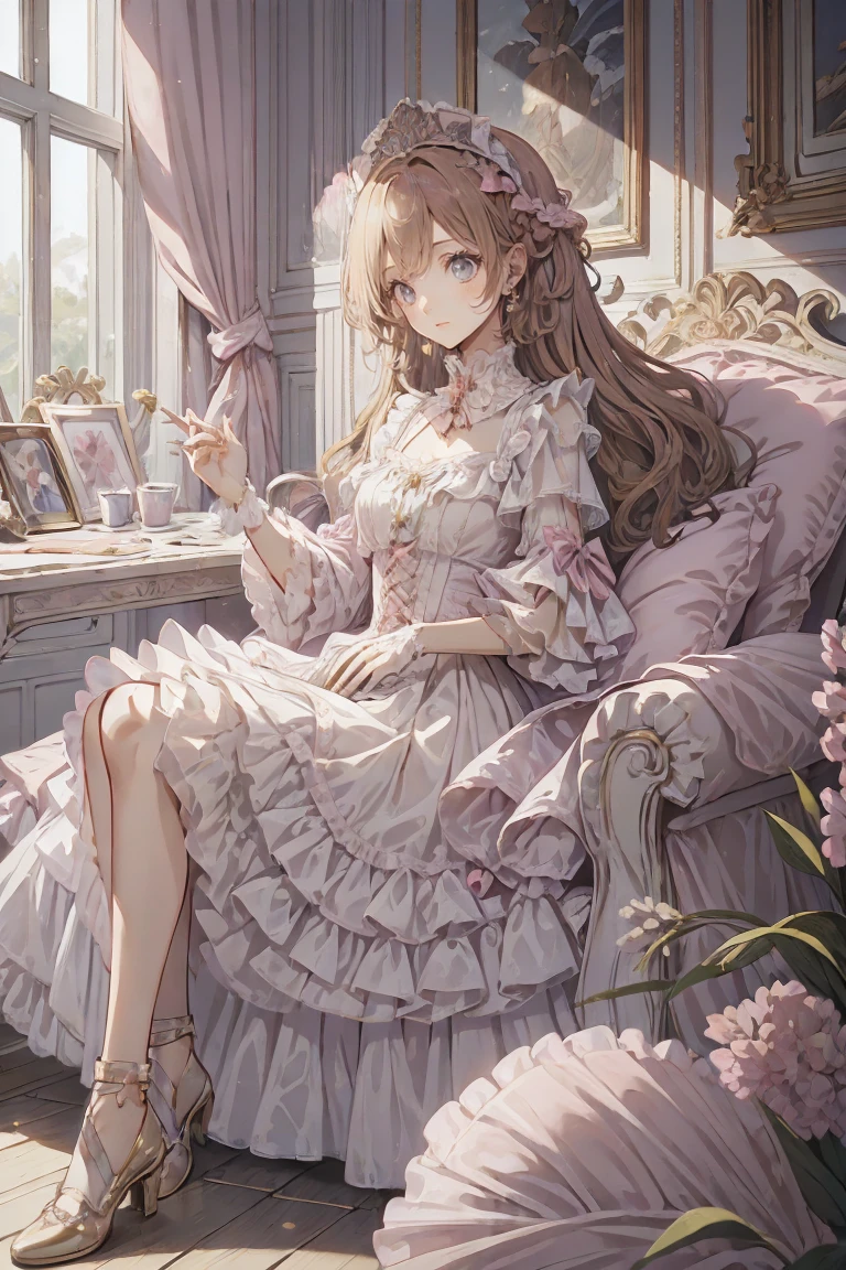 (Highest quality,4K,High resolution,masterpiece:1.2),Very detailed,Realistic:1.37,,(whole body, I can see your feet and shoes: 1.2),、((Pink Dress)), Hyperrealistic photo of a girl in a majestic light pink and gold ball gown dress, Big beautiful dress, Lots of frills and rhinestones、Intricately voluminous ball gown (Highest quality, Tabletop, Art Station, Fantasy art:1.2), 美しいcute***, (Long blonde curly hair:1.1), (Intricate short gold skirt, whole bodyショット)、Anime Style、Storytelling、、Beautiful girl、とてもcute天使、Pink Gothic Dress、cute、Baby Face、smile、Long Skirt、,Black long boots、Highest quality, masterpiece, 最High resolution, artwork, super それにGet used to it, many Get used to it, Get used to it, それにGet used to it, woman, ,((Pink Victorian Voluminous Ball Gown Dress)),Long dress,A dress with lots of frills and ribbons..Wearing a tiara on her head,luxury,One person, Pink brown hair,Pink Eyes、Pink World,(A girl wearing a pink princess skirt),Pink Hair,pink bedroom layout,Pink Bed,Pink mosquito net,Pink furniture,Pink color palette,(zenTangle, Mandala, Tangle, enTangle:0.6),(Making Art),The most beautiful chaotic shapes,Beast Design,behind,Pink High Heels,Perfect hands,
