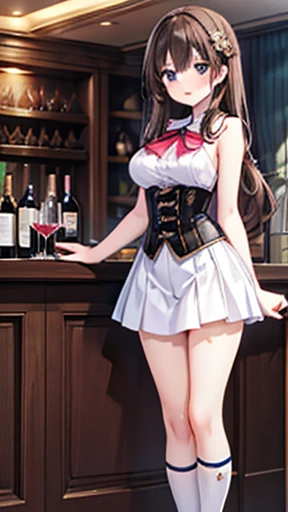 (masterpiece, Highest quality, Absurd, Game CG, 【An illustration, Advanced Details), One girl, alone, (mayu kuroe), Beautiful detailed eyes, Standing, Hostess Bar, wine bar, corset dress, Sleeveless, Knee-high,Large Breasts