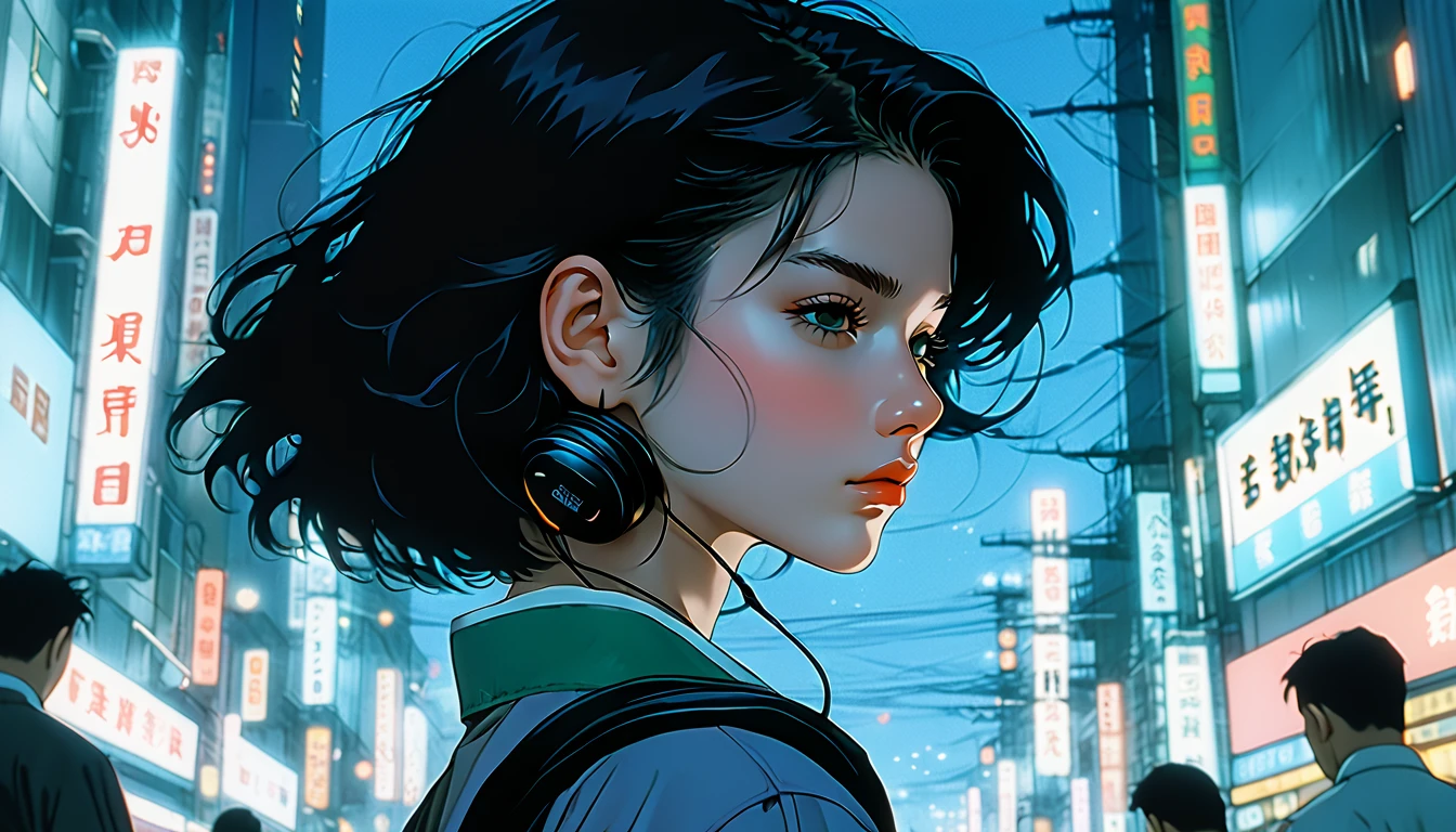 Detailed and detailed depiction, cel style, vivid details, retro anime, 90s anime, VHS picture quality, moody lighting, girl in the twilight of the night city of Tokyo, the girl wears headphones, eyes closed, beautiful black hair with short hair