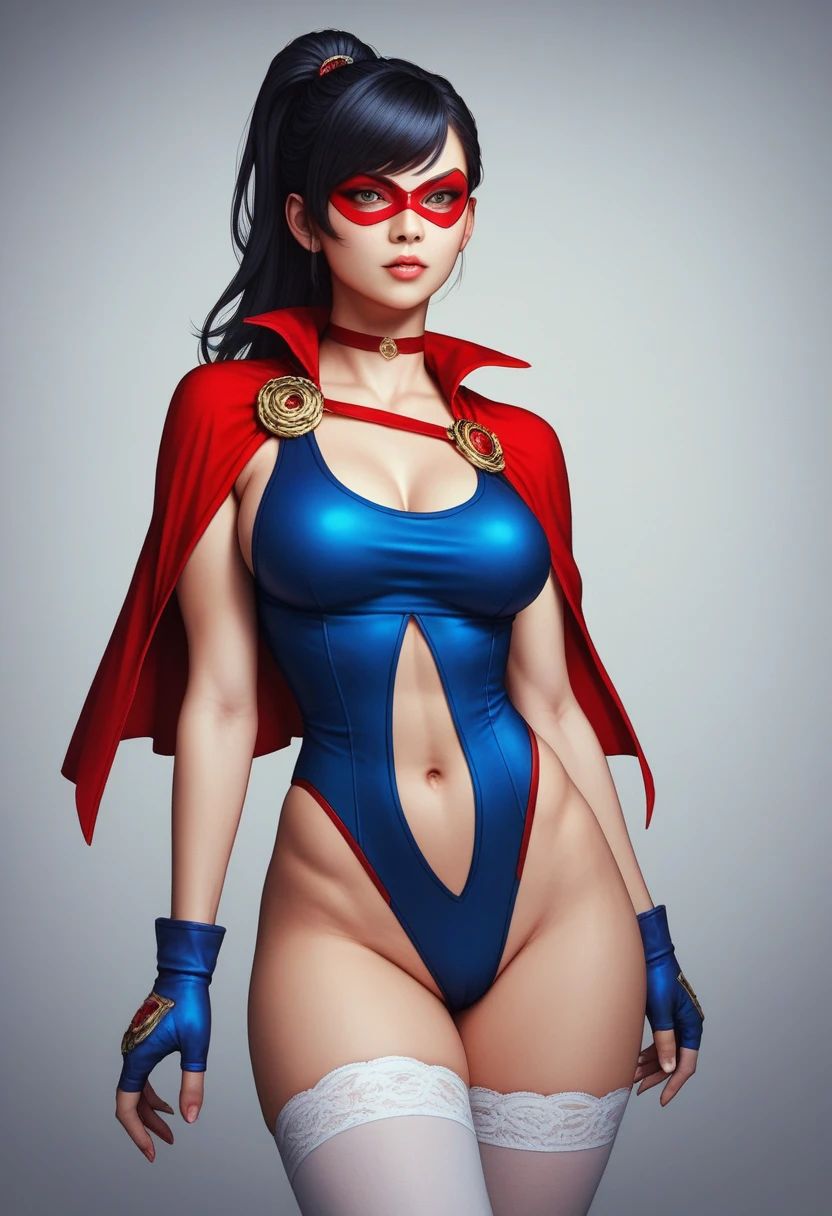 ultra-detailed, realistic: 1.2, Super hero girl, 18 years-old, large full breasts, Full-body shot,Dressed up (Lingerie Supergirl Suit), Exposed breast, korean idol face, big chest, ((spandex suit, troso tight bodysuit)), ((Dark-brown hair, Big breasts: 1.4)), very Thin bodysuit --auto