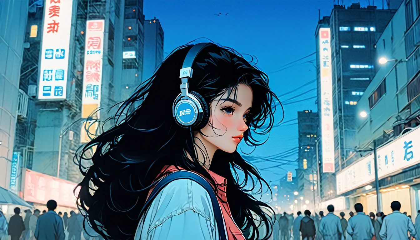 (((masterpiece, Highest quality)))、(((32K Wallpapers)))、score_9, score_8_up, 1girl, long black hair,　masterpiece, Highest quality, so beautiful、comics、anime、An illustration、One Girl、Wearing headphones and listening to music、Close ~ eyes、Chic and relaxed clothing、He is wearing a shirt and denim pants、The background is a city skyscraper、Nostalgic atmosphere in the evening