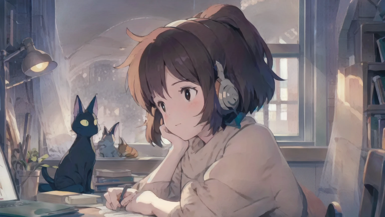 An anime-style illustration of a young woman studying at a vintage wooden desk in a cozy, softly lit study room. She has shoulder-length, slightly wavy dark brown hair tied in a relaxed low ponytail, wearing stylish, retro grey headphones with "SWS" text visible on the earcups. Her expression is calm, mature, and focused as she types on a modern laptop with a warm glow on the screen. The desk is cluttered with stacked, slightly worn books, scattered papers, a steaming cup of tea, and a retro green desk lamp that casts a soft, warm glow and elongated shadows. Beside her, a relaxed orange cat sits comfortably on a pile of blankets, gazing lazily. The background shows tall, well-stocked bookshelves with a mix of colorful and muted tones, along with a large window with sheer curtains that allow diffused afternoon sunlight to filter in. The entire scene has a grainy, slightly blurred texture with soft edges, evoking a nostalgic and calming atmosphere typical of the lo-fi aesthetic, with a more mature character design.
