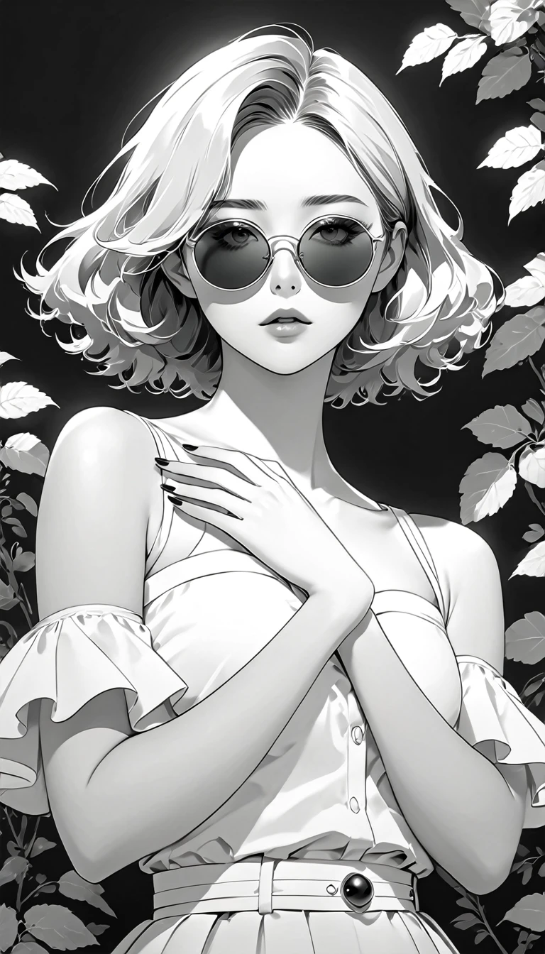 masterpiece，Highest quality，detailed，Perfect composition，Superior Quality，HD wallpaper，Young woman wearing crimson sunglasses，Big and round breasts，figure，With black aesthetics、Anime aesthetic style，It was incredibly beautiful.，Black Pearl and Mint，Monochrome minimalist portrait，Pop artistic sense，whole body，dynamic，Lonely，Posing with hands on chest，