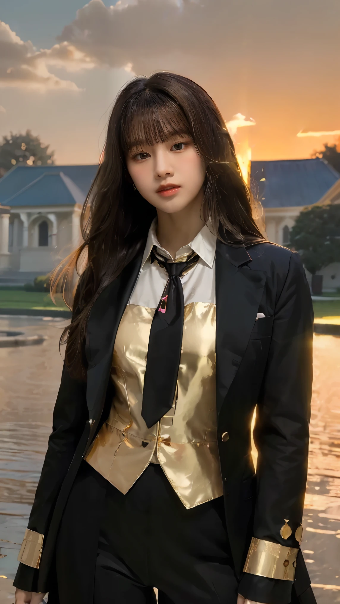 ((Masterpiece, best quality, very detailed), Volumetric light, surrounding occlusion, Rich and colorful, glow), 1 woman, lonely, young girl, (Brown bangs), long hair, radius, radius, sacred, goddess, Priesthood, (Black suit with gold trim and red tie:1.3), armor, outdoor, sunset, sky, cloud, space, (Fantasy Theme:1.2),