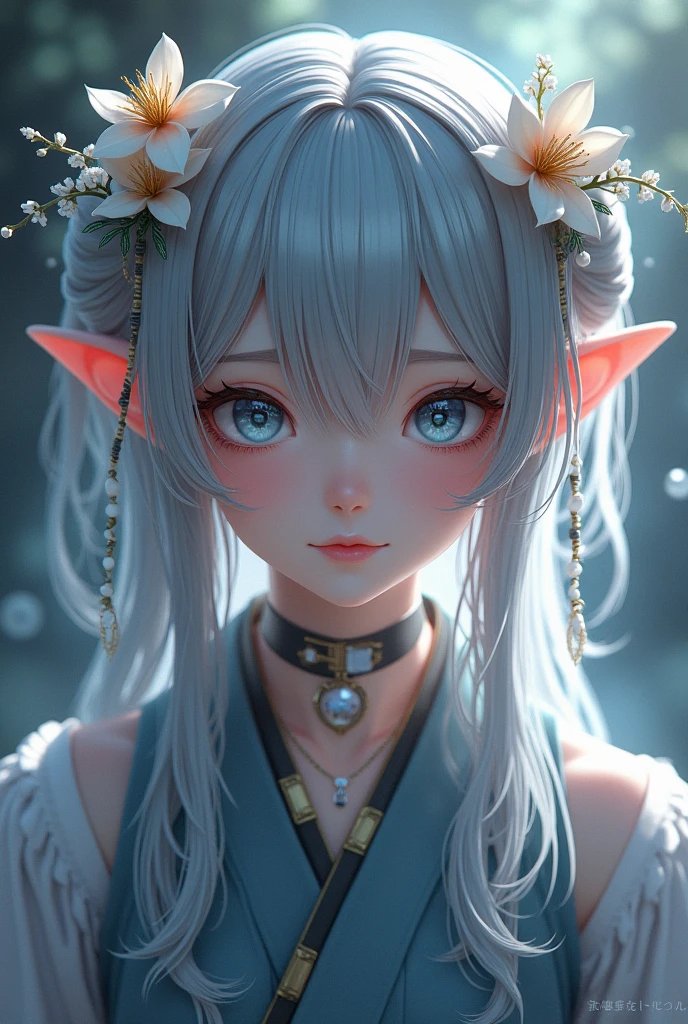 Omi　Fortune teller girl　1　Alluring　Ash-colored hair　Eye color is a mix of light blue and grey　Flower Hair Ornaments　Ears are normal shape, not rounded or pointed　Facing forward

