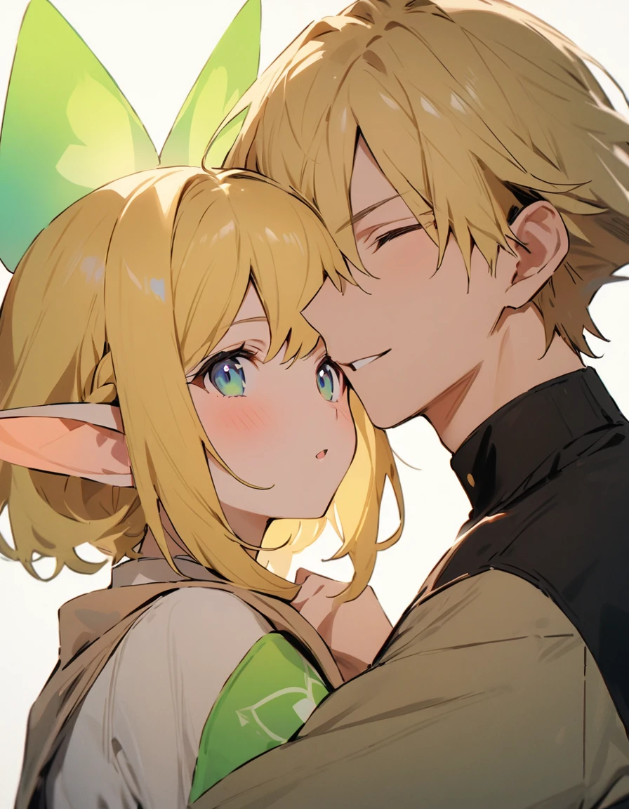 masterpiece, A blonde young man with fairy ears and Zelda embrace each other.、Full body portrait、I&#39;m in the forest when it&#39;s raining