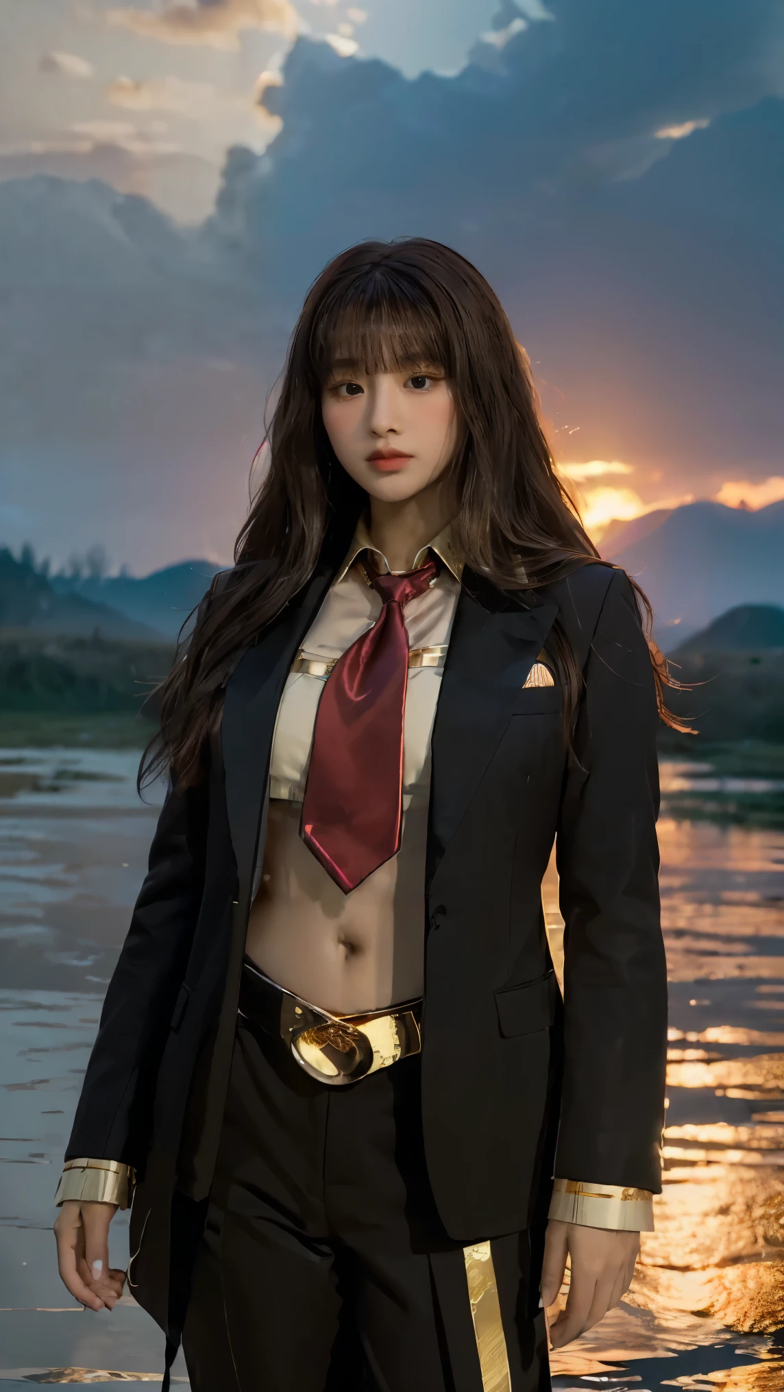 ((Masterpiece, best quality, very detailed), Volumetric light, surrounding occlusion, Rich and colorful, glow), 1 woman, lonely, young girl, (Brown bangs), long hair, radius, radius, sacred, goddess, Priesthood, (Black suit with gold trim and red tie:1.3), armor, outdoor, sunset, sky, cloud, space, (Fantasy Theme:1.2),