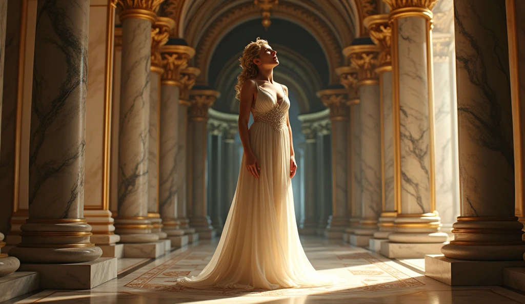 This image depicts a stunning, ethereal scene that looks like a blend of fantasy and reality. A figure, possibly a woman, is standing with her back facing the viewer, adorned in an elegant, flowing gown with intricate gold accents. The setting appears to be a grand palace or temple suspended in the clouds, with tall, ornate columns and arches that frame a breathtaking sky filled with light and clouds. The overall ambiance is serene and majestic, evoking a sense of divine or heavenly presence. The lighting is soft and radiant, enhancing the dreamlike quality of the scene., cinematic photo, 35mm photograph, film, bokeh, professional, 4k, highly detailed, beautiful eyes, beautiful face, beautiful lips, best quality 32k