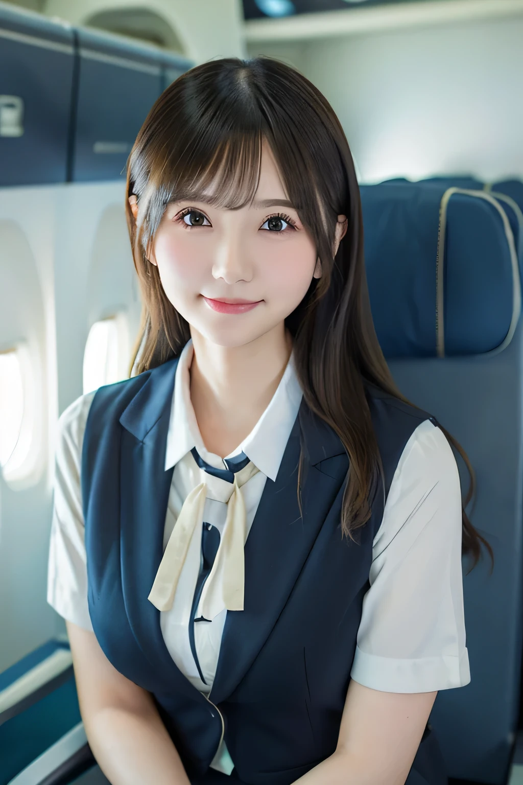 top-quality, masterpiece, 8K, 超A high resolution, (Photorealsitic:1.4), 1girl in、beautiful countenance、symmetrical eye、Colossal tits、Perfect body proportion、Stewardess uniform、frills skirt、Look at viewers、(Inside the plane:1.2)、front-facing view、Shoulder、Angle from below、View from below、Thigh emphasis、