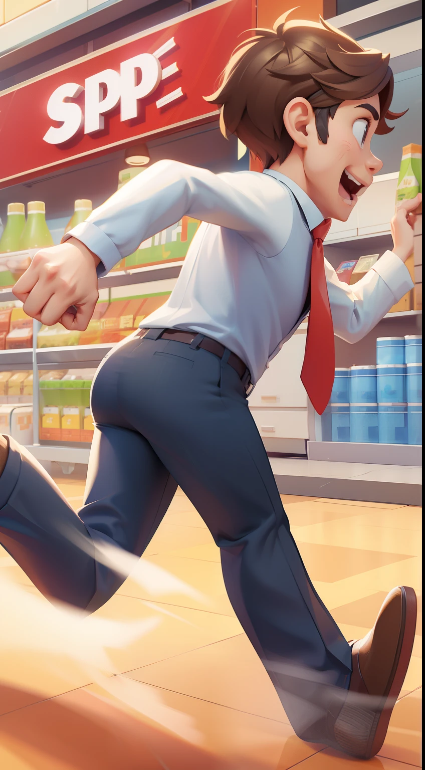 Outside the supermarket，A brown hair，Handsome boy，身穿White shirt，Suit pants，Running with legs raised，， White shirt、Handsome young man in formal wear with tie facing away from camera，Running on，The red carpet under my feet，Running on 背视图，3d anime style，Bright colors，Rich body movements，C4D modeling,3D diorama,  。This is a 3D cartoon game character rendered in Unreal Engine 5 style，Simple background，This image was created using Unreal Engine 5，For high-resolution full-body photography and 3D rendering，With excellent details。Pixar style cartoon characters。 