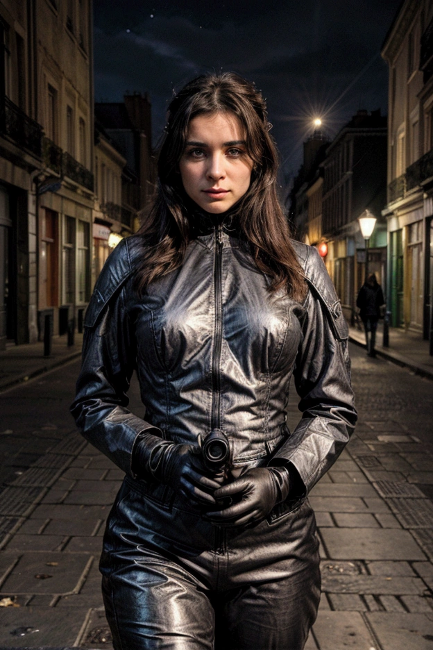 Daisy Ridley, full body, with a very voluminous and puffy bust, thin waist, wearing an all-black outfit with Selene's overcoat from the film Underworld. She is in a heroic position, looking to the side with an ironic, villainous smile, her hair identical to Rey Skywalker's. She is in a city at night, her face is dirty and sweaty, her hair is wet and tied in a ponytail. Her costume is wet and shiny, 4k, cinematic, hyper realistic,