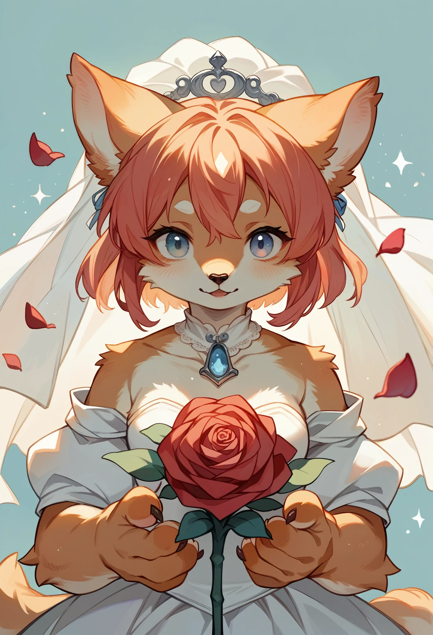 rating_safe, score_9, score_8_up, score_7_up, score_6_up, score_5_up, score_4_up, source_furry, highres, e621, cover page, Watercolor, 1girl, kemono, furry, detailed body fur, animal face, animal hand, angelic cute girl in wedding dress holding a red rose and looking at viewer,