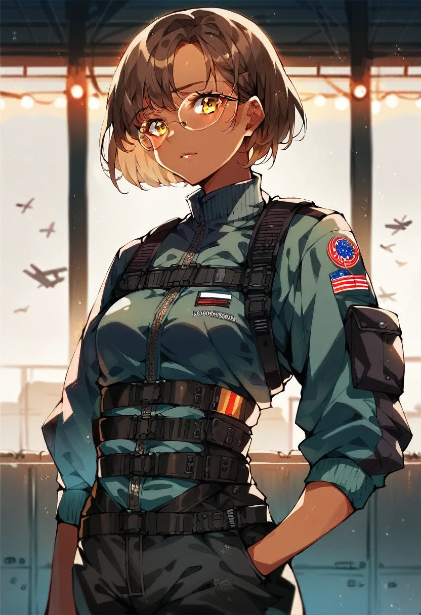 beautiful shy anime pilot woman, tanned skin, short brown hair, aviator glasses, yellow eyes, black tactical leather flightsuit, straps, waist up, small breasts, hangar background, LowKeyLights