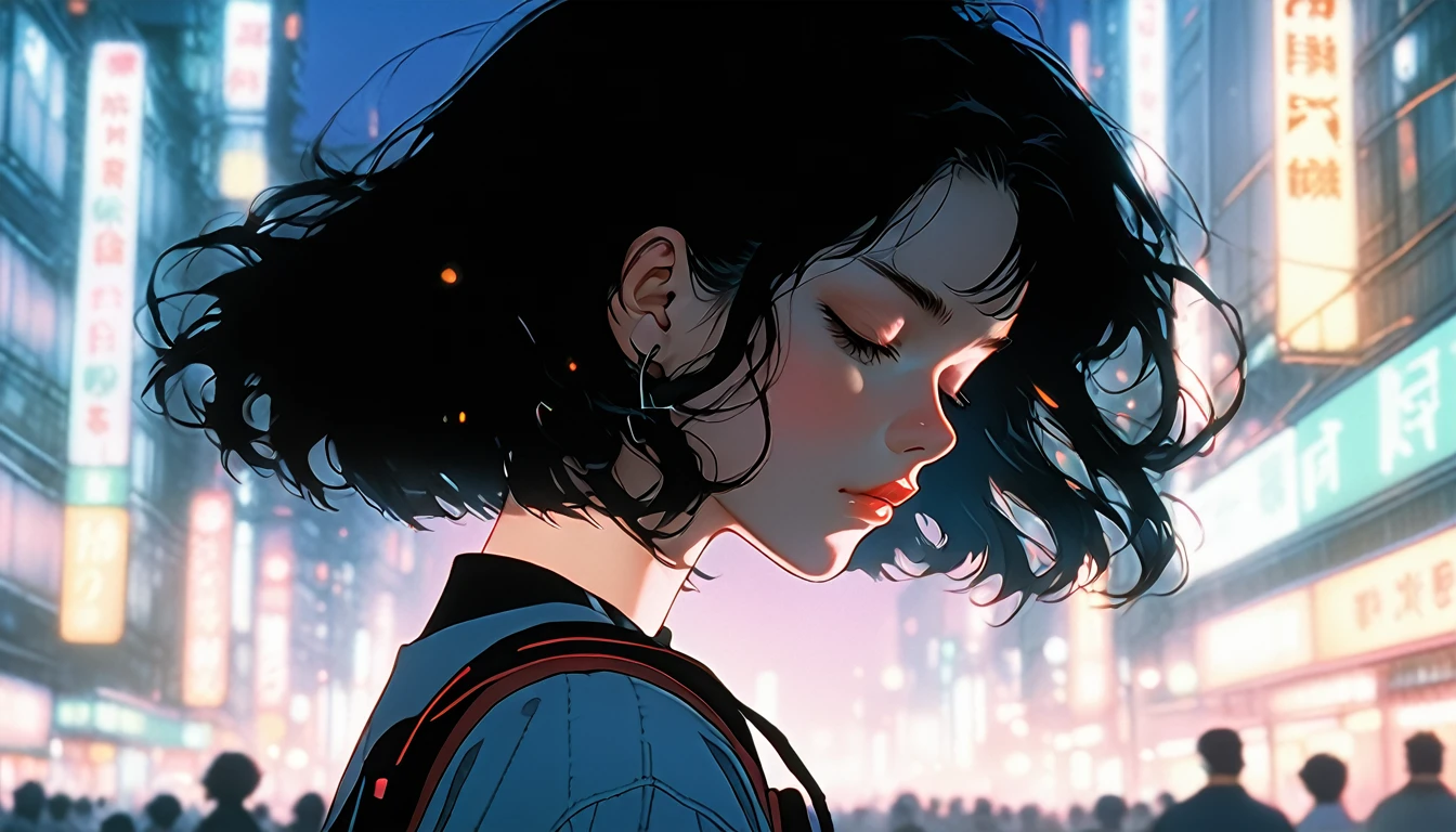 Detailed and detailed depiction, cel style, vivid details, retro anime, 90s anime, VHS picture quality, moody lighting, girl in the twilight of the night city of Tokyo, the girl wears headphones, eyes closed, beautiful black hair with short hair