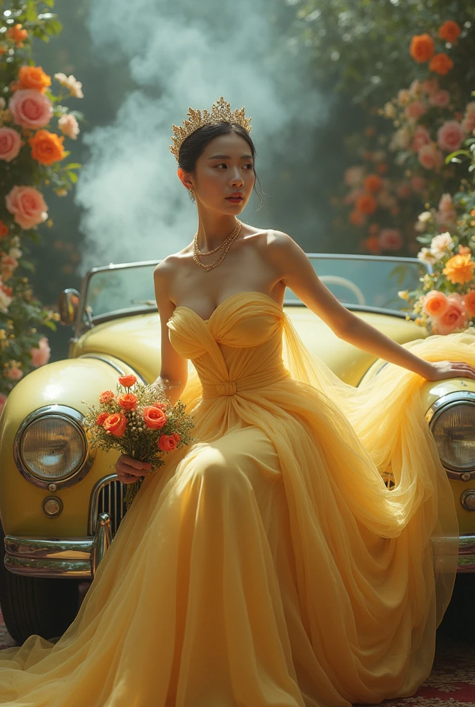 ((Masterpiece)), ((best quality)), 8K, HD, Awesome details, (woman), (White dress with golden yellow trim.), (scattered golden veils), (closed eyes expression) (Sleeping in the car 1.6) (Full-body display 1.4) งานศิลปะเป็นMasterpiece, ด้วยคุณภาพที่ดีที่สุดและAwesome details, captured in 8K HD. Photographic realistic, realistic, very detailed illustrations realistic, Octane rendering