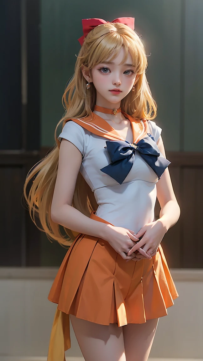 (masterpiece), (Highest quality), (Super detailed),(figure), (One girl),View your viewers, (Interview),Beautiful attention to detail, Delicate and beautiful face, floating,(High saturation),(The Shining), sv1, Venus 1, Sailor Warrior Uniform, Sailor Venus, Minako Aino, Blonde, Magical girl, blue eyes, White panties:1.5, Orange Skirt, Elbow hand pockets, Tiara, Pleated skirt, Hair Ribbon, Orange Sailor Collar, mini skirt, Choker, Red Bow, Orange Choker, White gloves, Very long hair, jewelry, Earrings, smile,