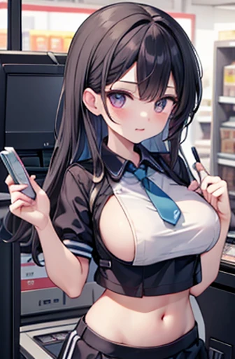 nsfw, masterpiece, Highest quality, anime,comics,Absurd, High resolution, 4K, Ray Tracing, Intricate details, Very detailed, (One girl:Perfect Face, cute, Young face,Large Breasts,Black Hair, Short Bob,)mini skirt,Convenience store clerk,One Man,vagina,Sex,,jack-o