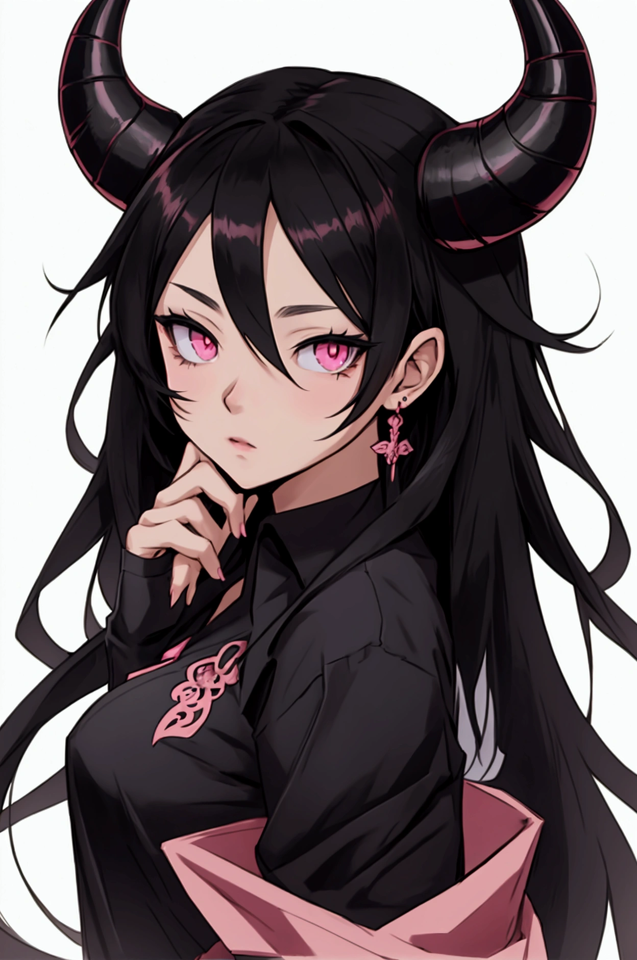 the girl in heat has two horns tied flat chest, as well as two hands on her flushed lewd face