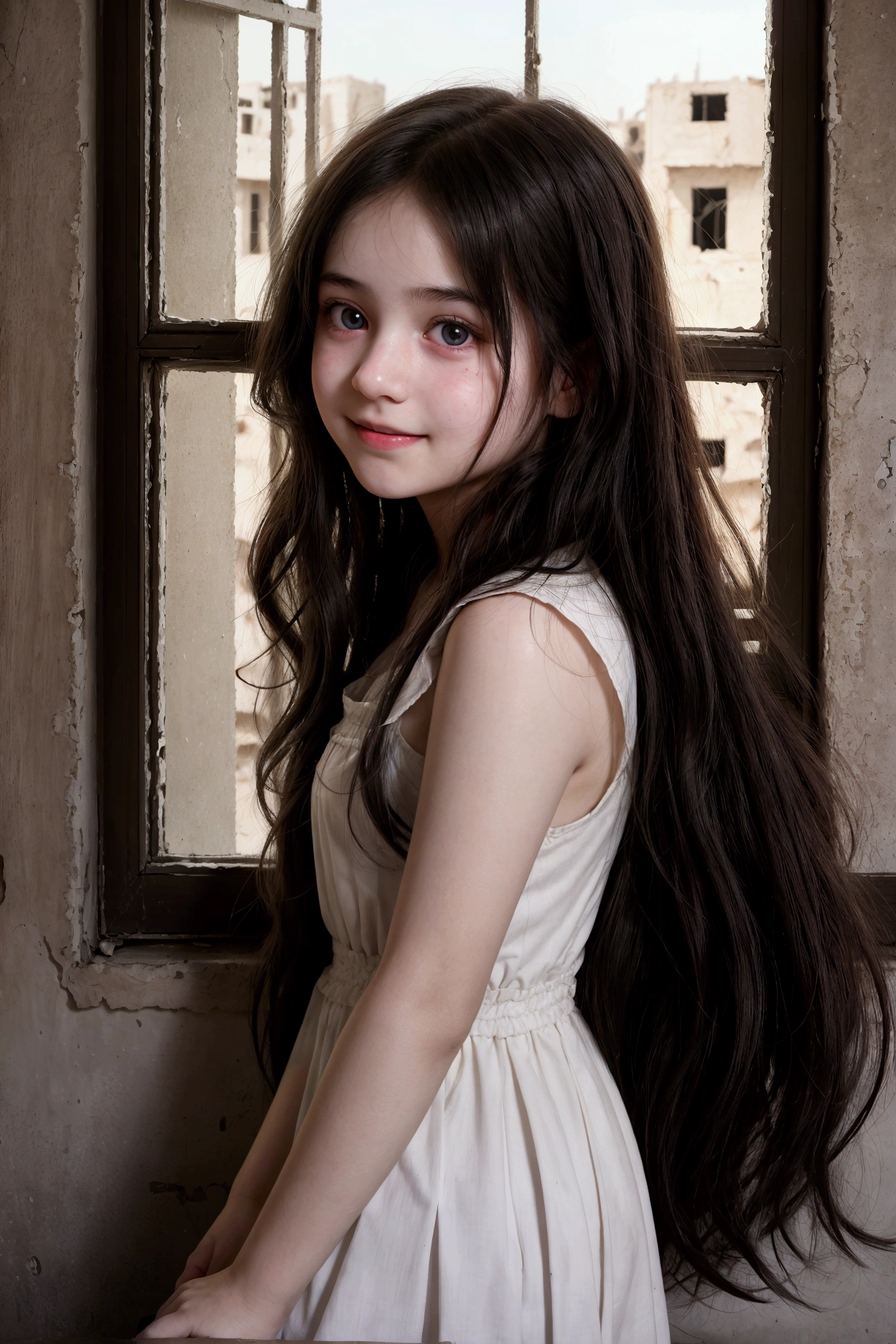 Dramatic light, big black eyes, pretty teen girl, smile, pale white skin, clear white skin, shirt, rosy cheeks, wavy messy black hair, very long hair, look innocent and beautiful, at abandon school, Aleppo city at night view, stars